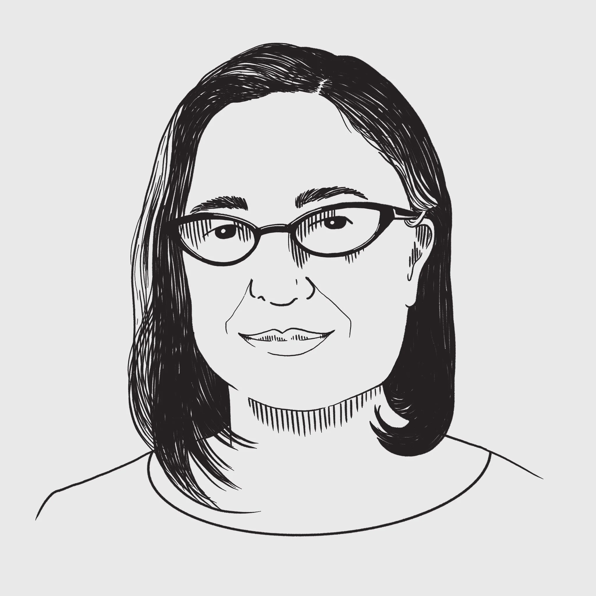 Black and white illustration of woman with short dark hair and glasses.