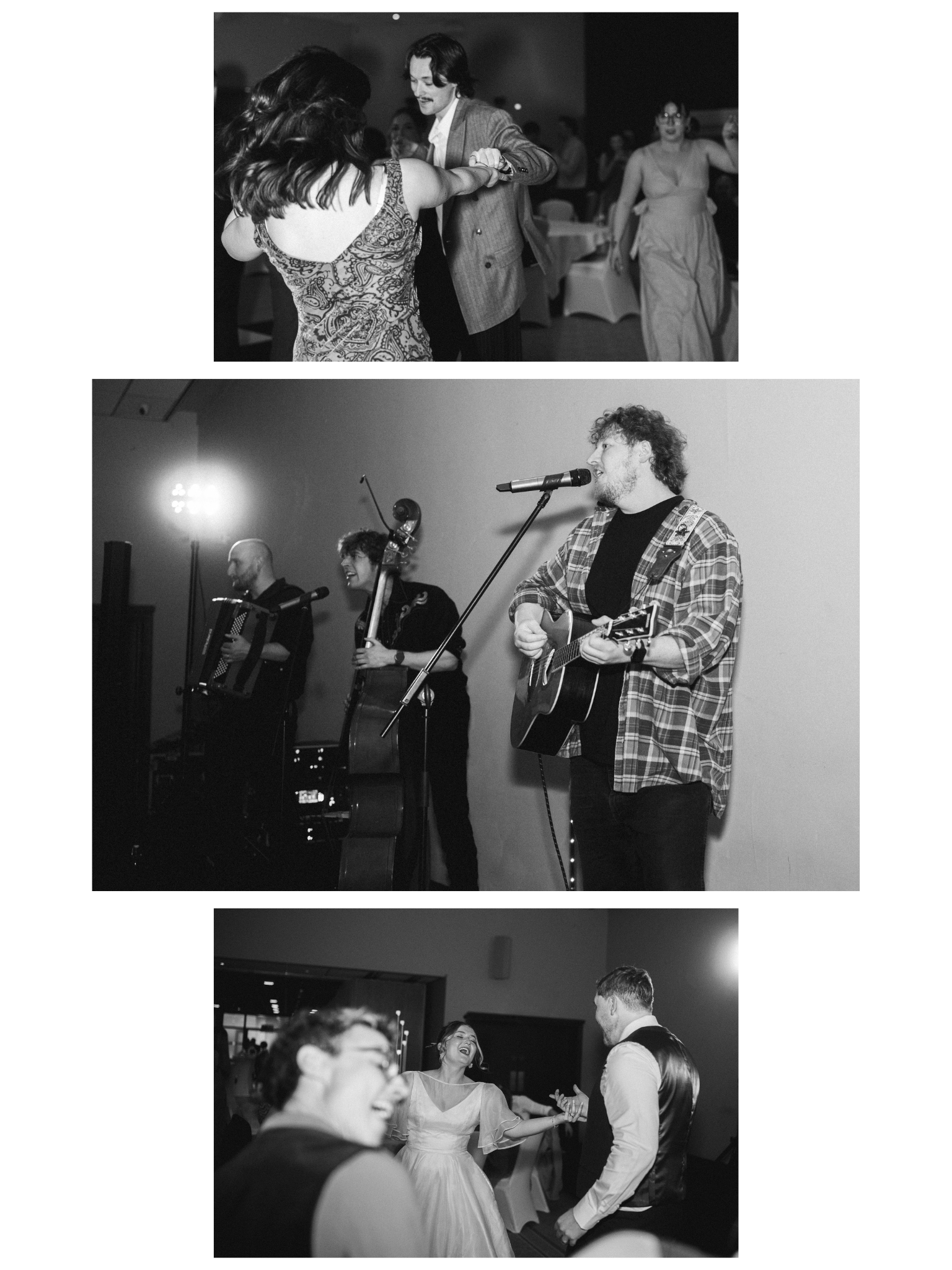 People dancing and playing music at a social event or party, with a woman in a dress and a man with curly hair and a guitar in the foreground.