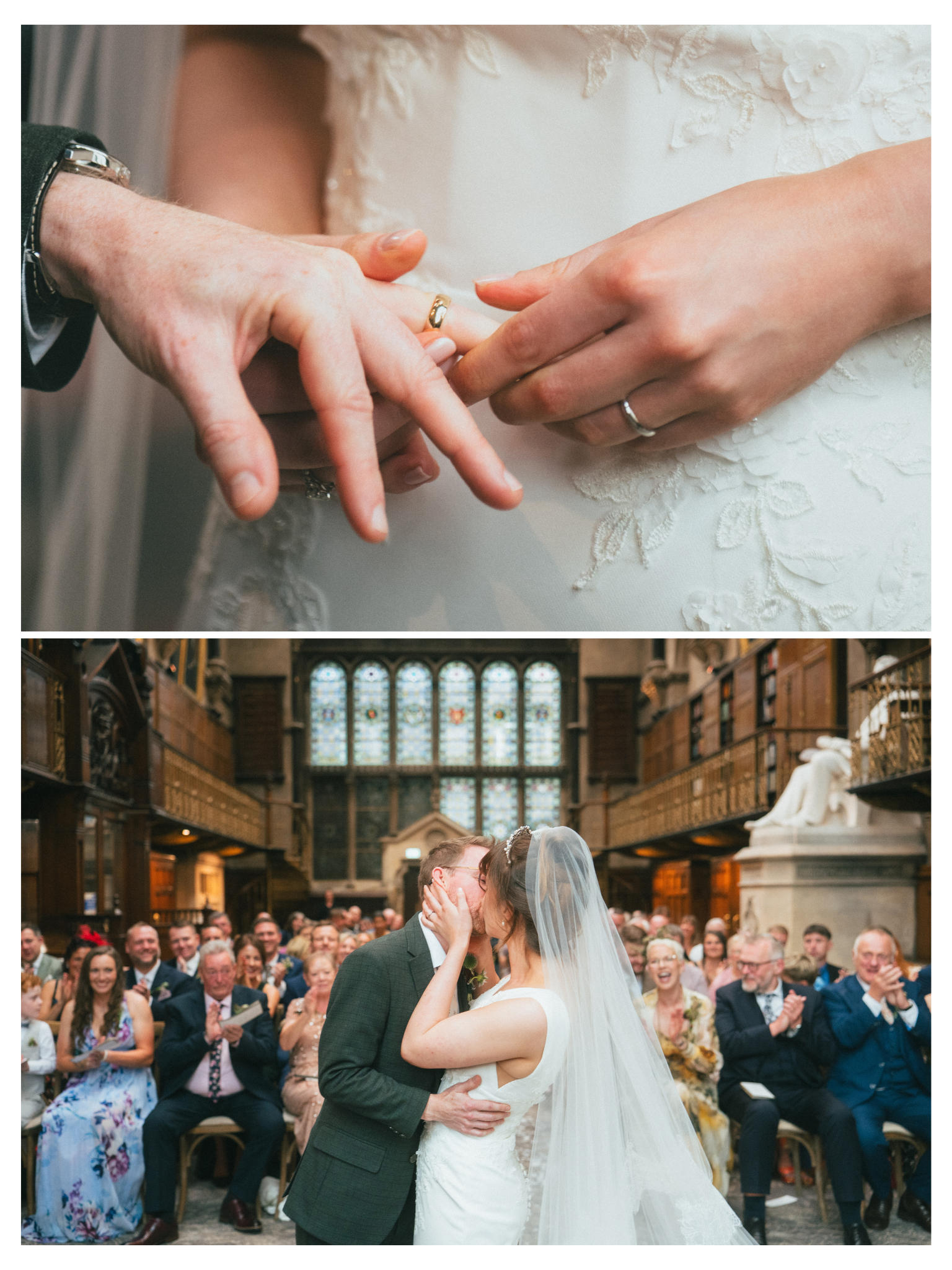 A couple shares a kiss during their wedding ceremony inside a historic church with a high arched ceiling and stained glass windows in the background. The bride wears a white wedding dress with a veil, and the groom wears a dark suit. Guests are seate