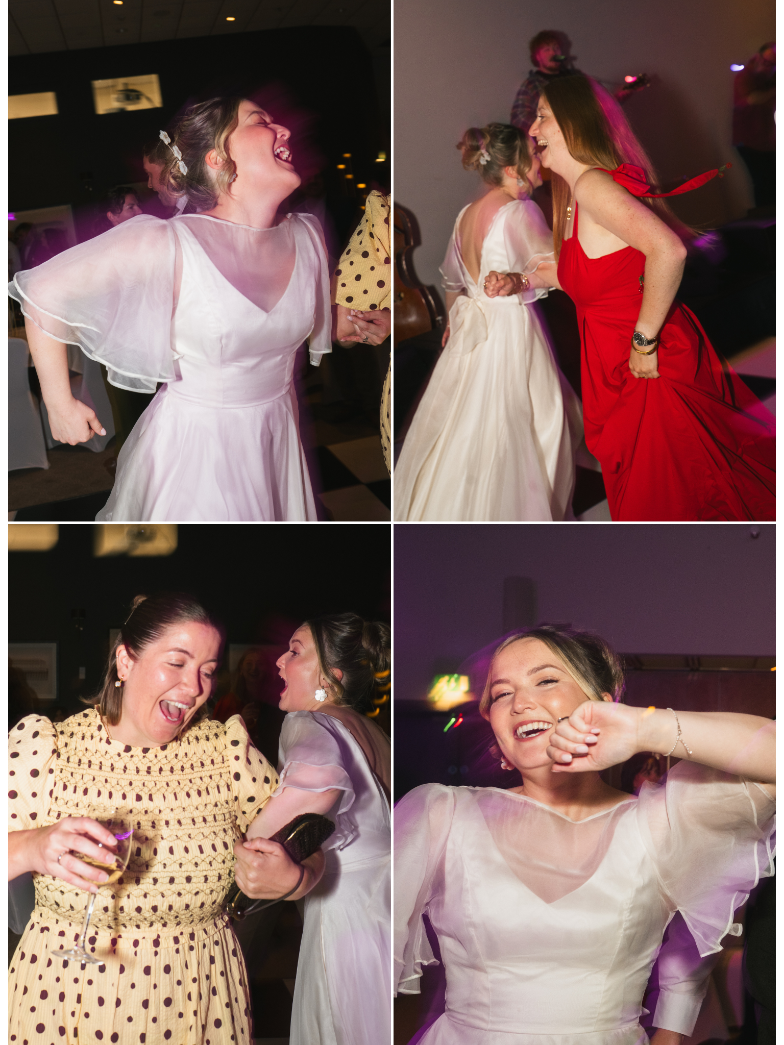 Four women at a celebration or party, laughing and smiling, in an indoor setting with warm lighting. Three are in formal dresses, two of which are white and one red, while a woman in a yellow polka dot dress is holding a glass of wine and a clutch. T