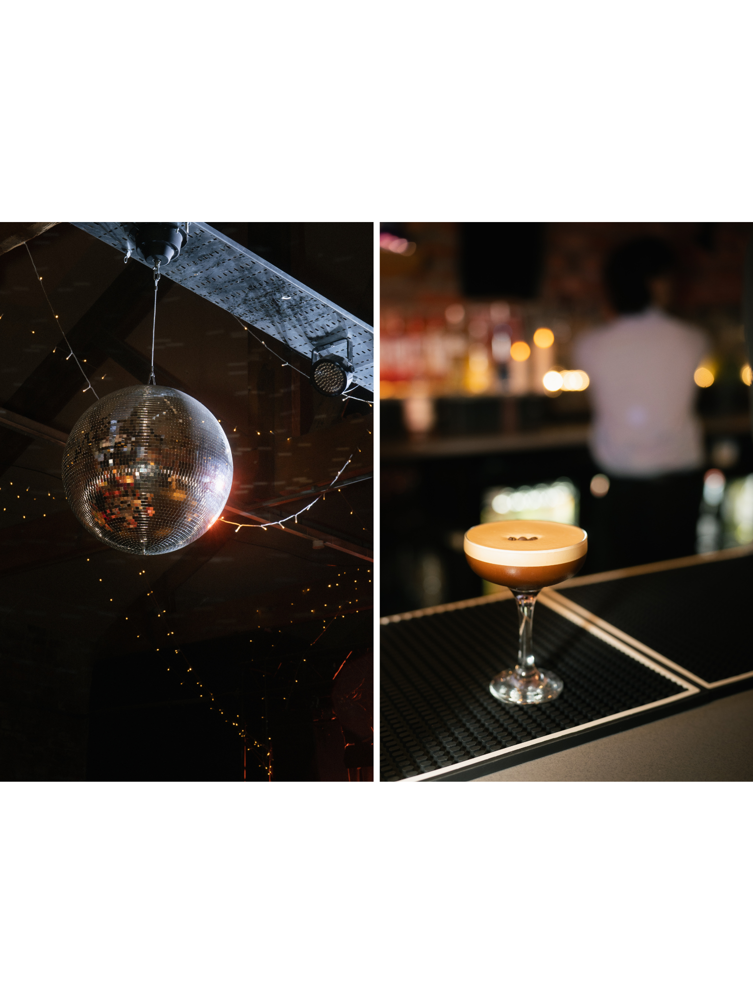 A disco ball hanging from the ceiling with string lights around it on the left. On the right, a blurred person in a white shirt standing behind a bar with a cocktail on the counter.