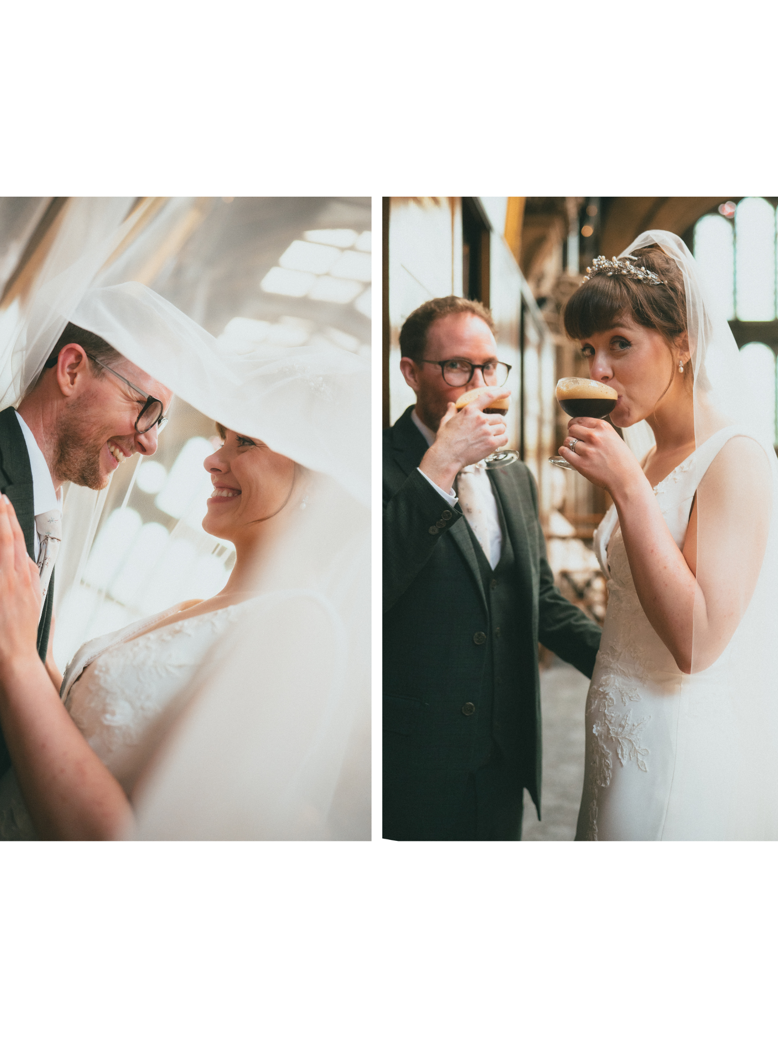 A bride and groom at a wedding, with the groom smiling and the bride smiling as they look at each other, sharing a moment under the bride's veil.