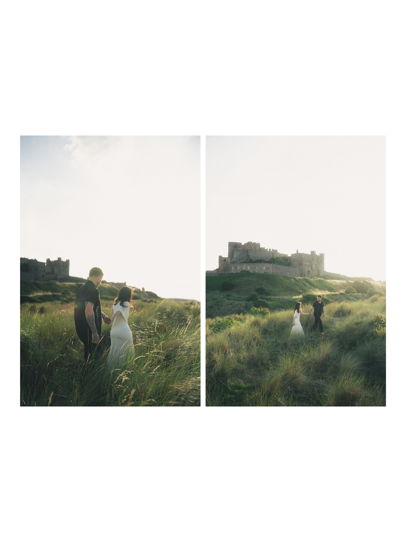 A couple holding hands walking through tall grass in a field with a castle on a hill in the background during daylight.