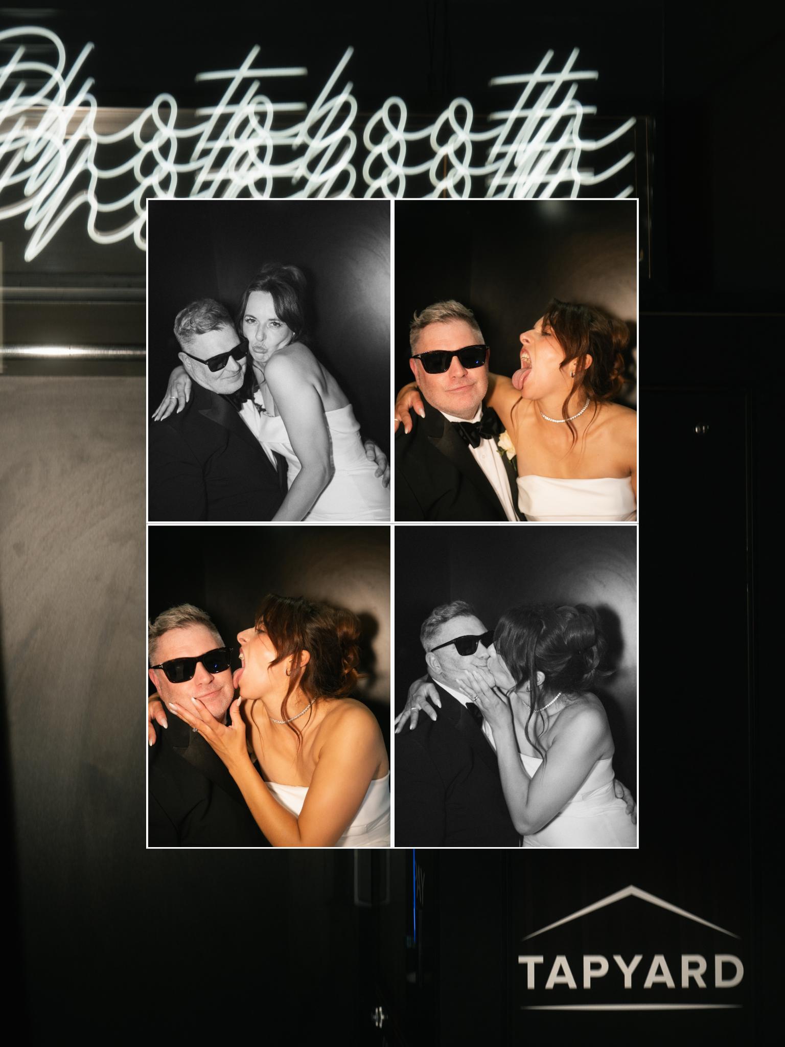 A photo booth split into black and white images and colored images, featuring a man in a tuxedo and sunglasses and a woman in a white dress and jewelry, making playful expressions and poses.
