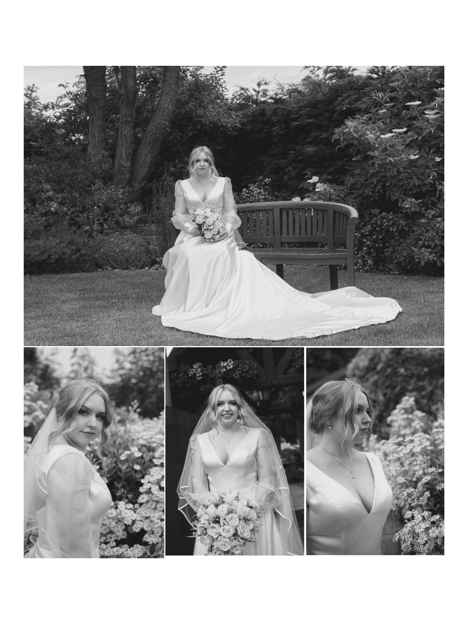 Black and white collage featuring a bride in a wedding dress holding a bouquet, with close-up portraits of her in a garden setting.