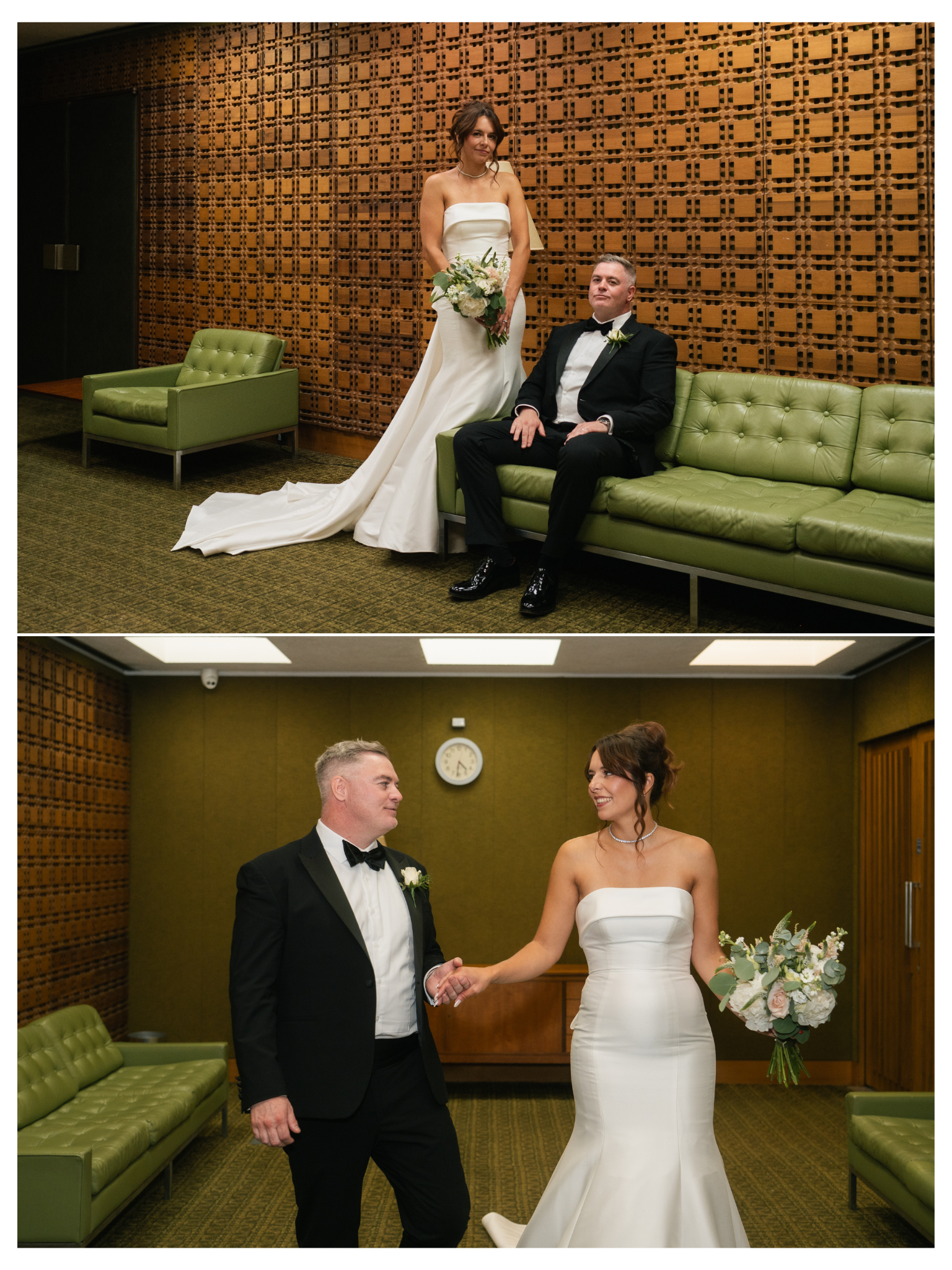 A bride and groom holding hands during a wedding ceremony in a room with green chairs and a wooden wall. The bride wears a white strapless wedding gown and holds a bouquet of flowers. The groom is dressed in a black tuxedo with a white shirt and bow 