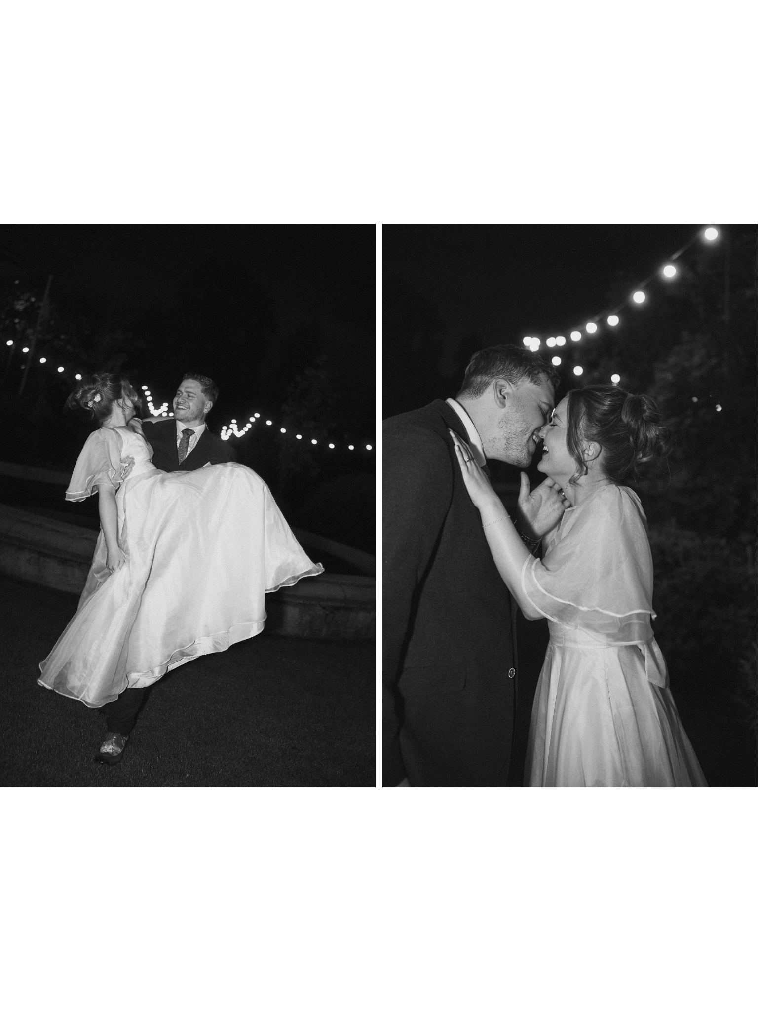 Black and white photos of a happy couple at night. In the first photo, the man is carrying the woman in his arms, and they are smiling at each other. In the second photo, the couple is close, about to kiss under string lights.