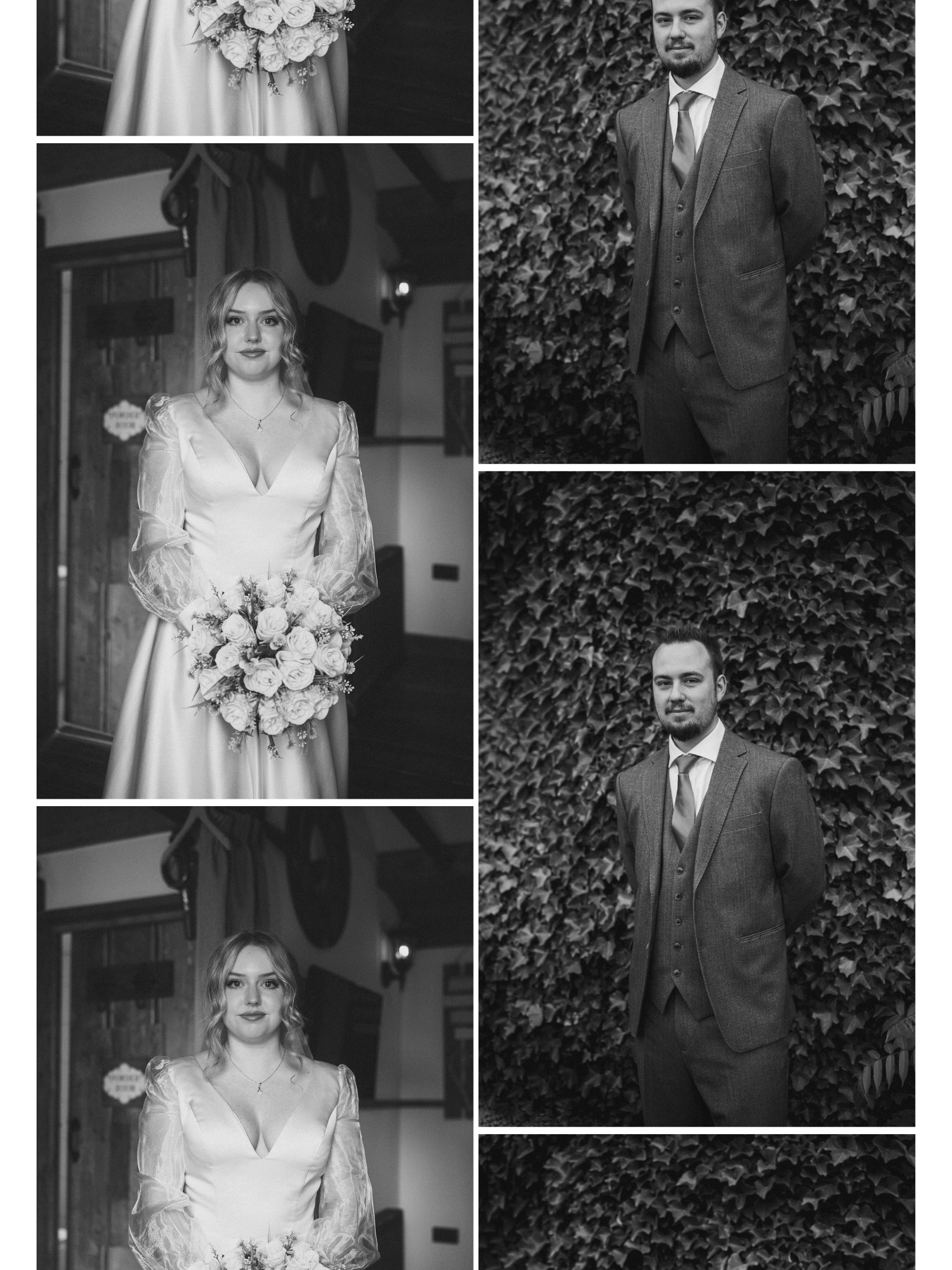 A bride holding a bouquet of flowers and two groomsmen, all dressed formally, outdoors against a leafy background. Portrait photos in black and white.