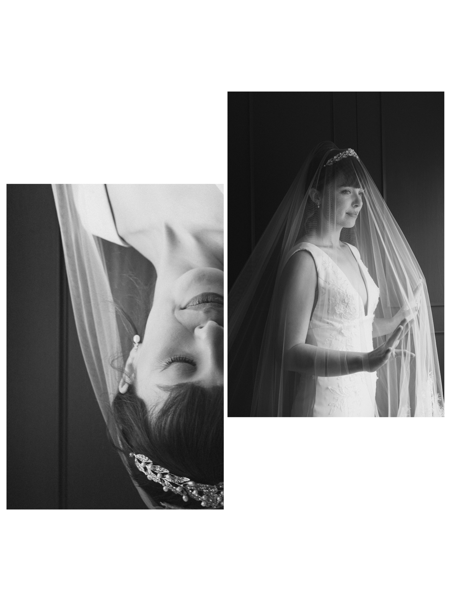Black and white photo of a bride wearing a wedding dress and veil, smiling as she looks out a window.