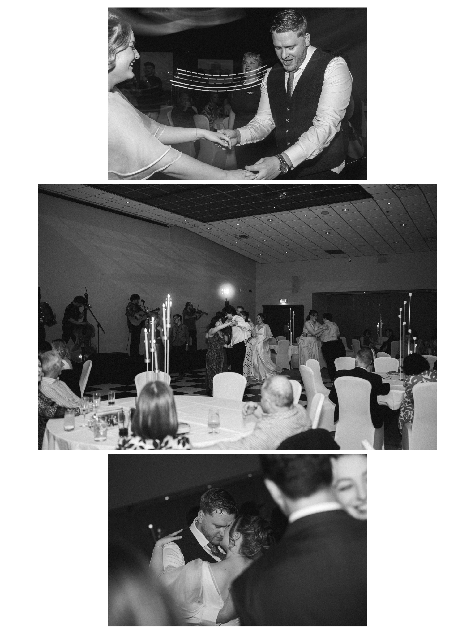 Sequence of black and white photos of a wedding reception. The first photo shows a groom and bride dancing and holding hands, smiling. The second photo captures a dance floor with couples dancing, and musicians playing in the background. The third ph