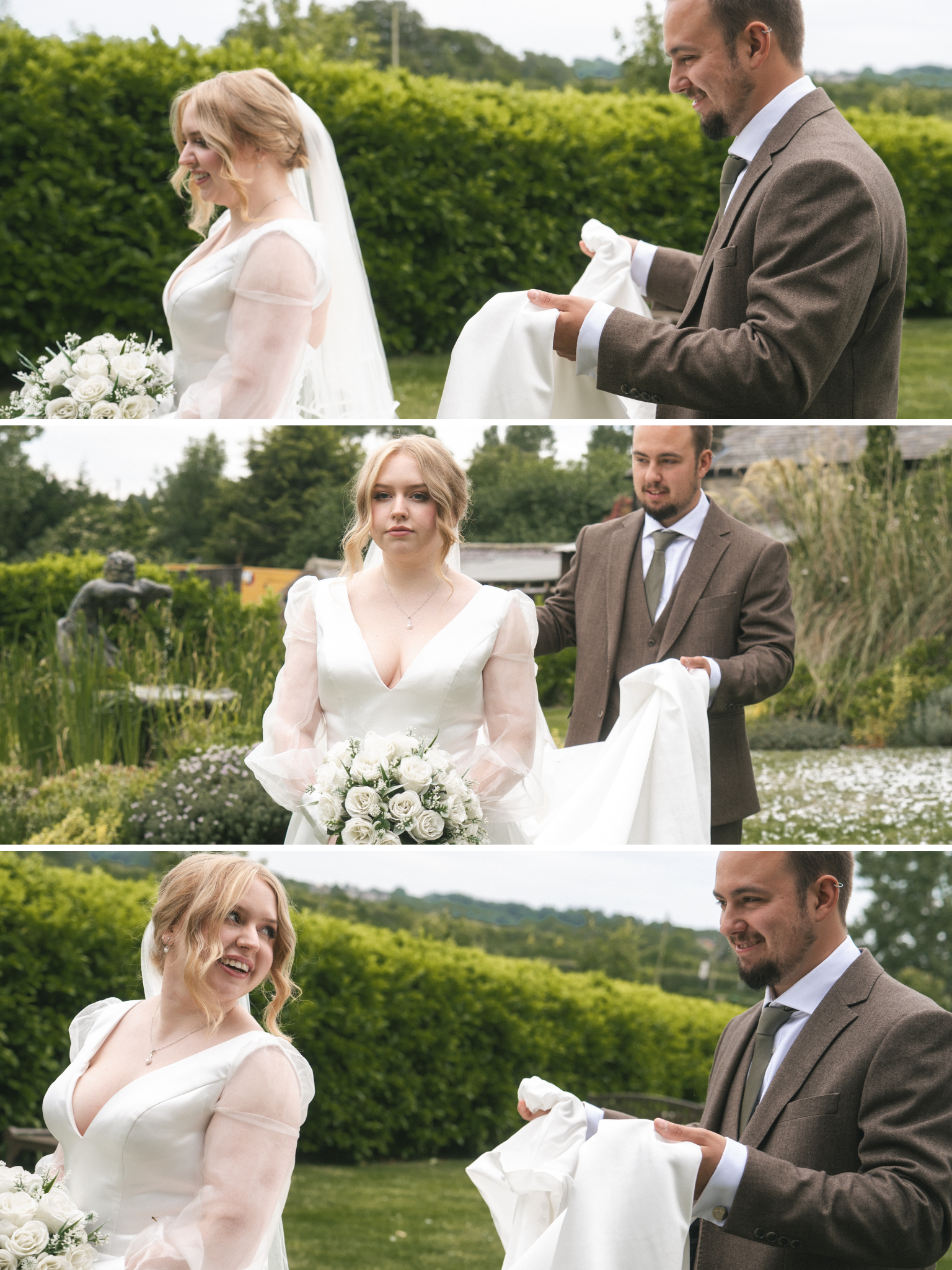 A bride and groom at an outdoor wedding ceremony, with the bride smiling and holding a bouquet of white roses, and the groom smiling while holding a white cloth or garment.