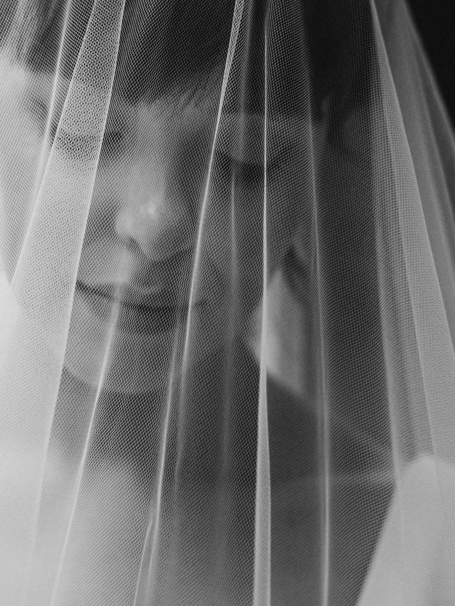 A person with glasses behind a sheer curtain or net.