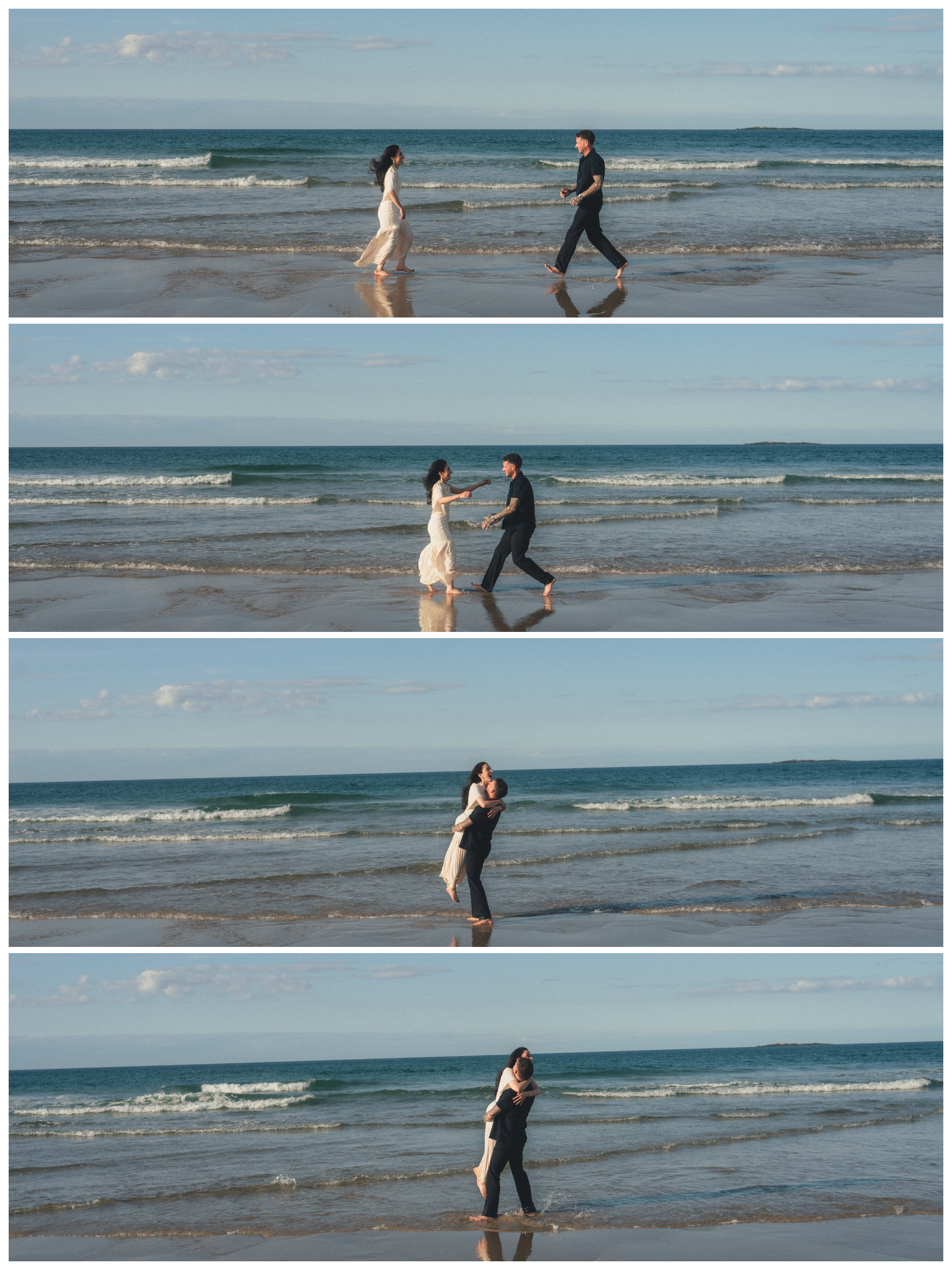 A sequence of four photos taken on a beach shows a man and woman sharing a romantic moment. In the first photo, they are walking towards each other, smiling and making eye contact. In the second, the woman reaches out her hand while the man approache