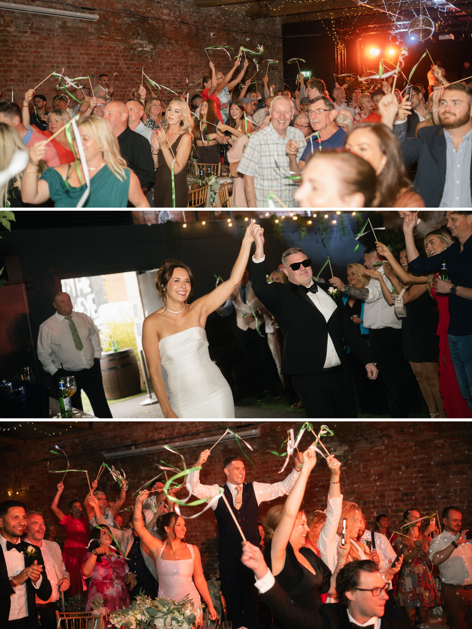 The image shows a group of people celebrating at a wedding reception. The bride and groom are at the center, with the bride wearing a white wedding gown and the groom in a tuxedo. They are surrounded by guests who are dancing, smiling, and waving gre