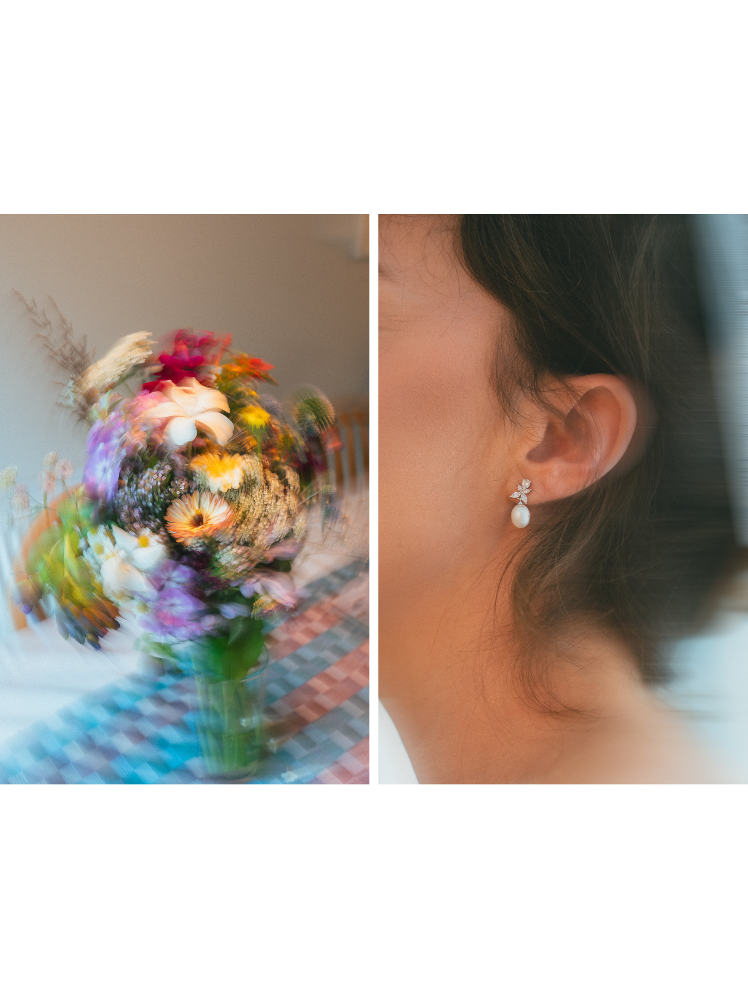 A split image showing a bouquet of colorful flowers on the left and a close-up of a woman's face with an elegant earring on the right.