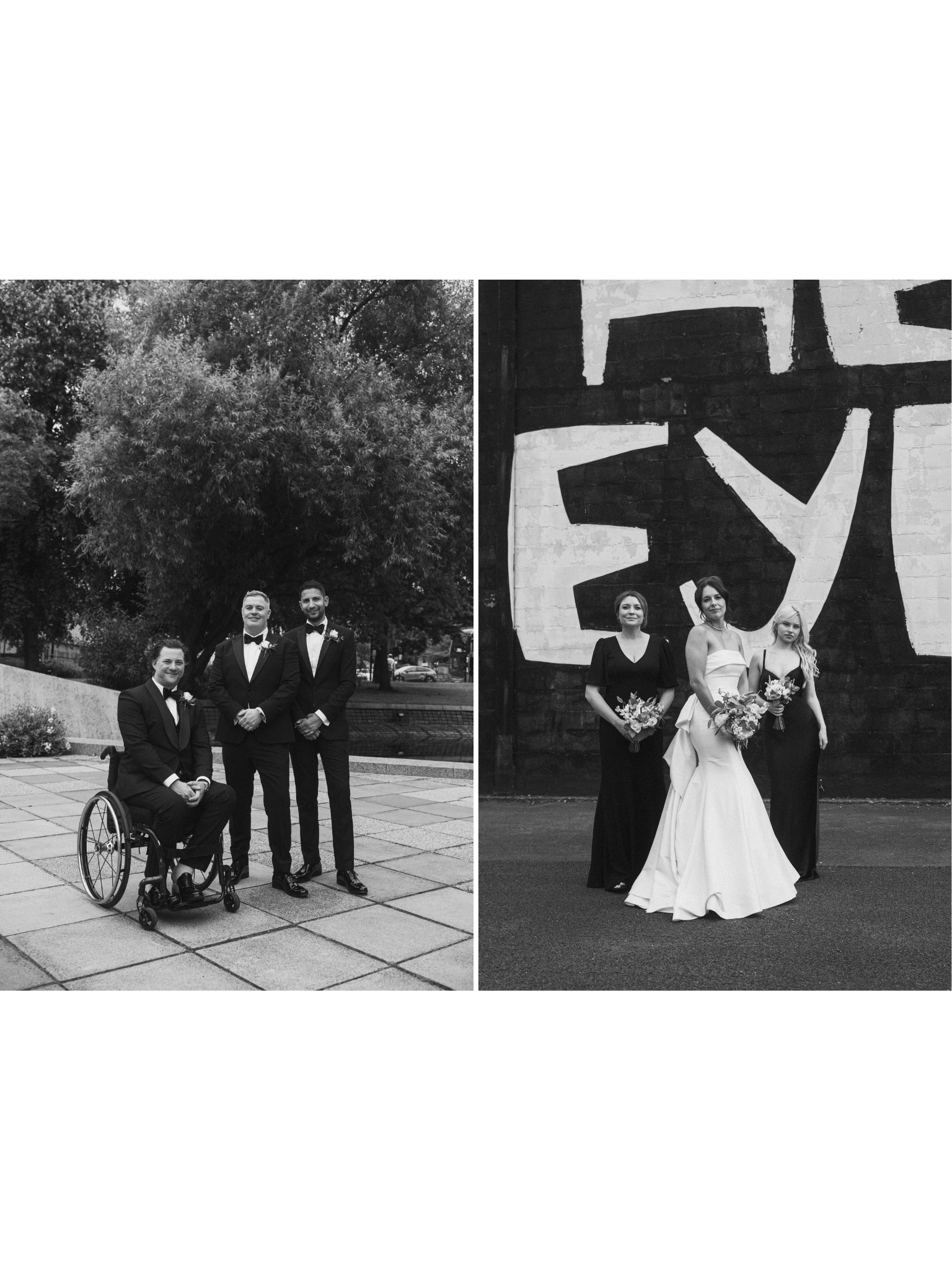 Black and white photos of wedding celebrations. Left photo shows four men and women in formal attire outdoors, one man in a wheelchair, all smiling. Right photo shows three women in formal dresses holding bouquets, standing in front of a brick wall w