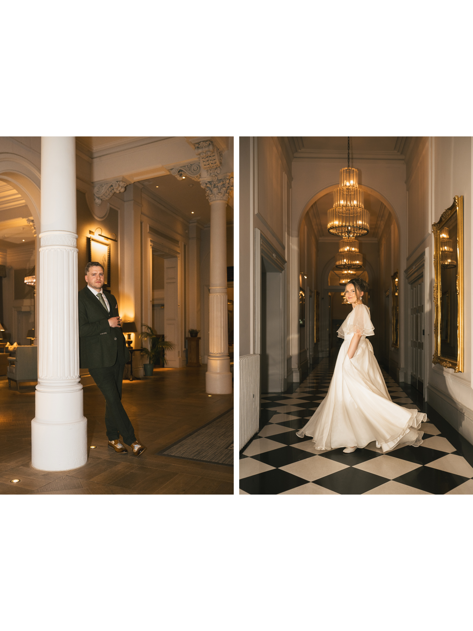 A couple in elegant attire in an ornate, luxurious interior. The man in a suit leans against a column on the left, and the woman in a flowing wedding dress poses in a hallway with chandeliers on the right.