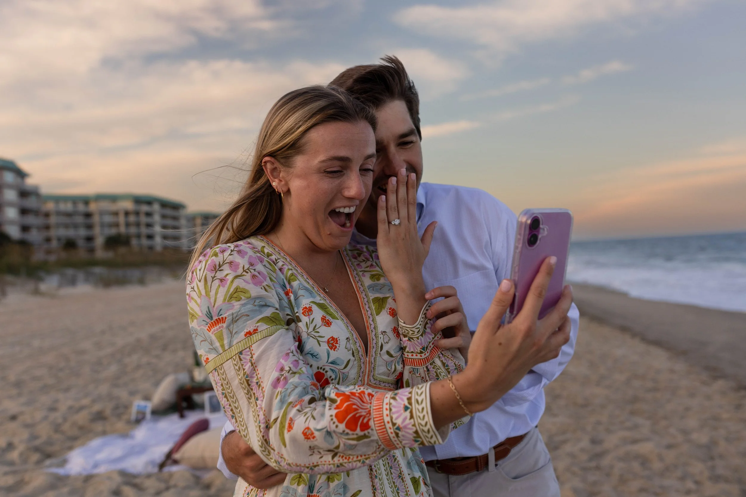 Pawleys Island proposal photography featuring a romantic beach engagement, champagne celebration