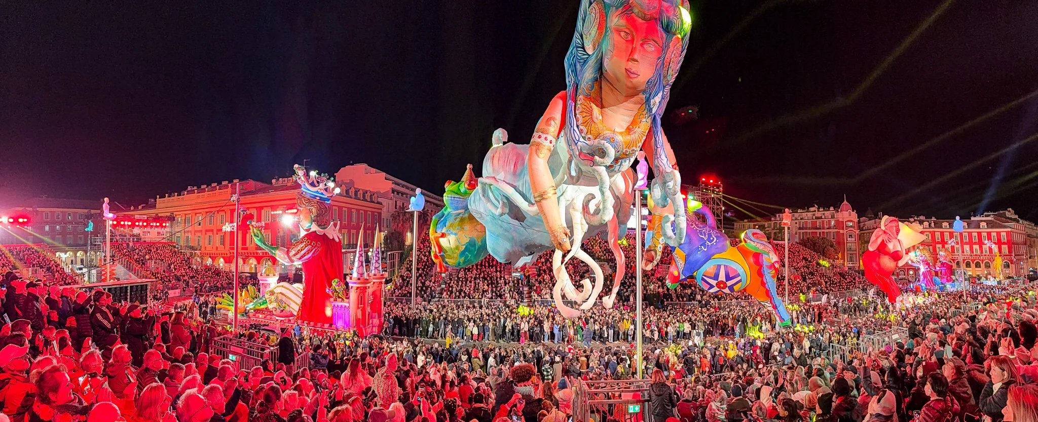 A crowd scene of opening night at 2026 Nice Carnival