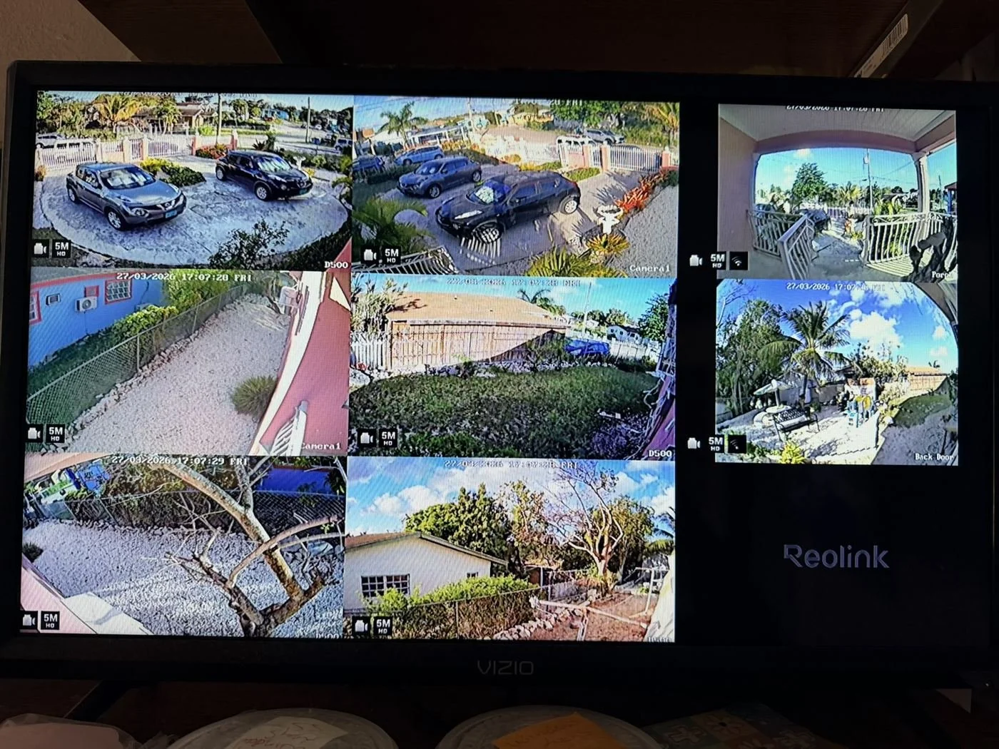 Live CCTV monitoring view, 7-camera residential system with video doorbell