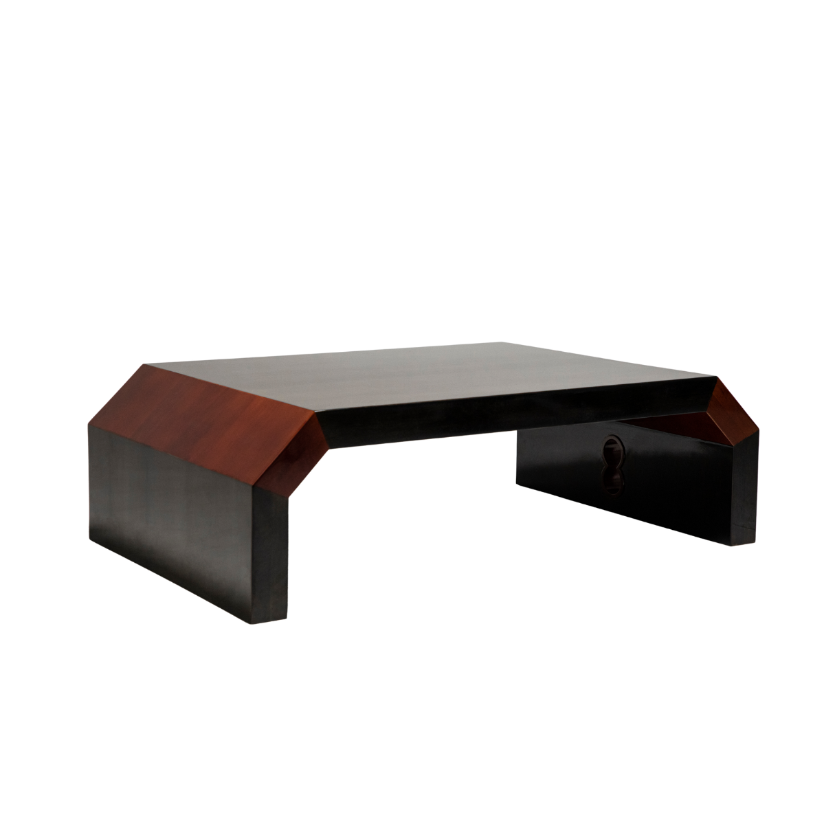 Sculptural Combo side table with double-layer joint structure, handcrafted in pearwood and lacquer.