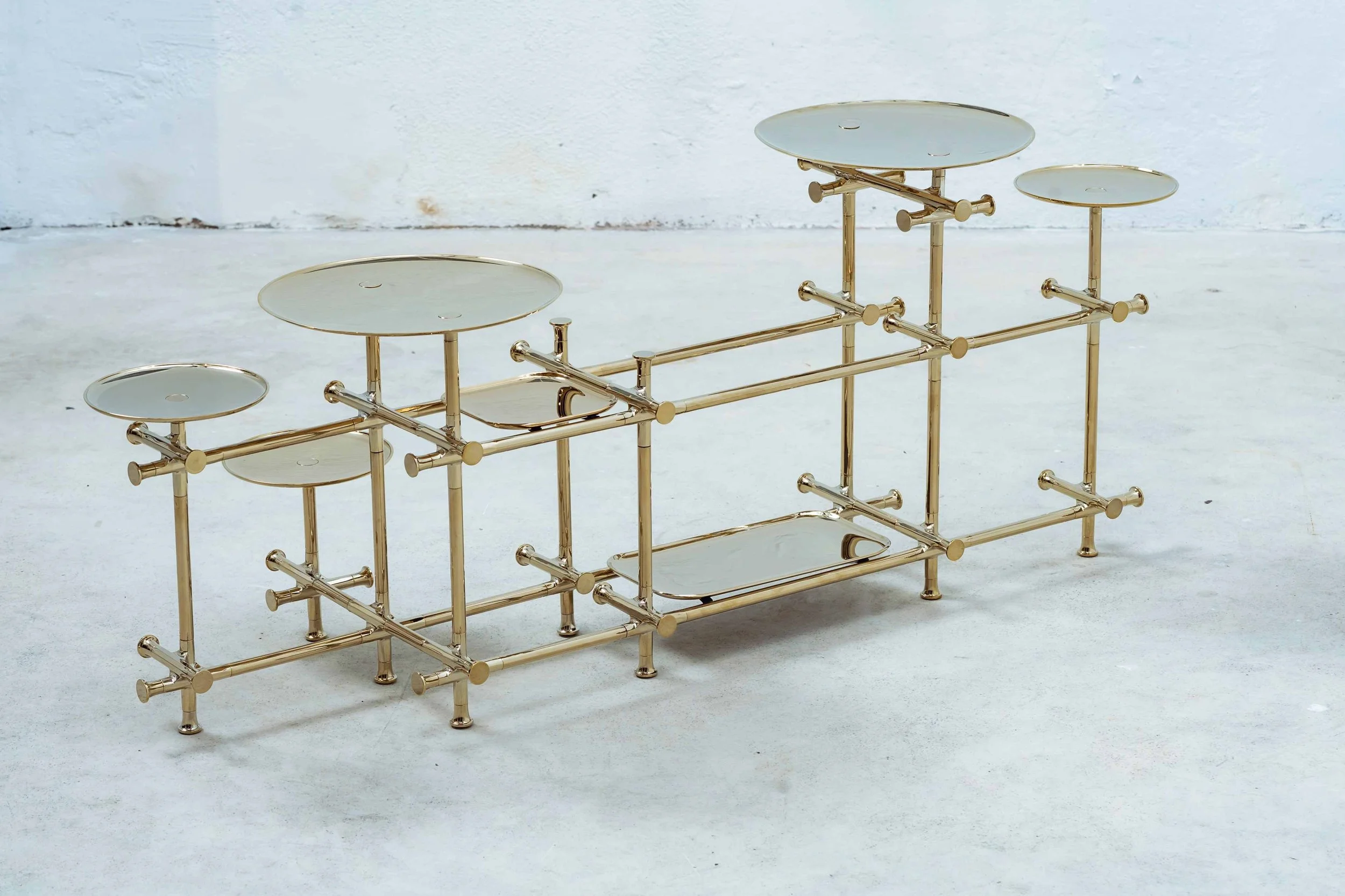 Modular brass side table with multiple platforms, contemporary collectible design by Chen Darui.
