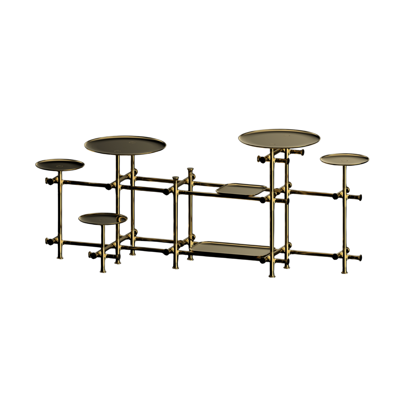 X-01 by Chen Darui, sculptural brass furniture piece with modular trays, represented by EAST WEST SPACE.