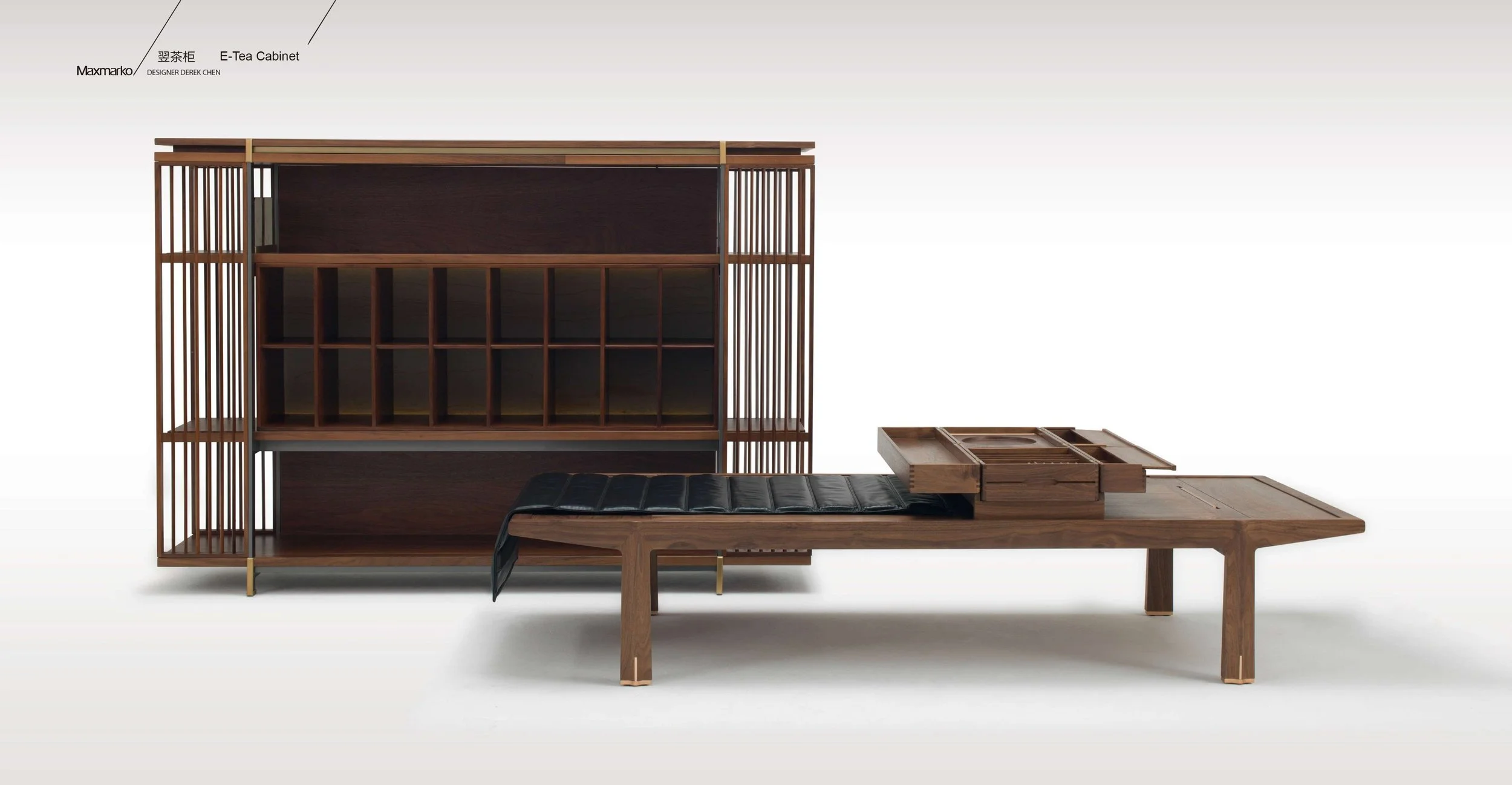 Collectible Asian design cabinet with axial symmetry and illuminated shelves.