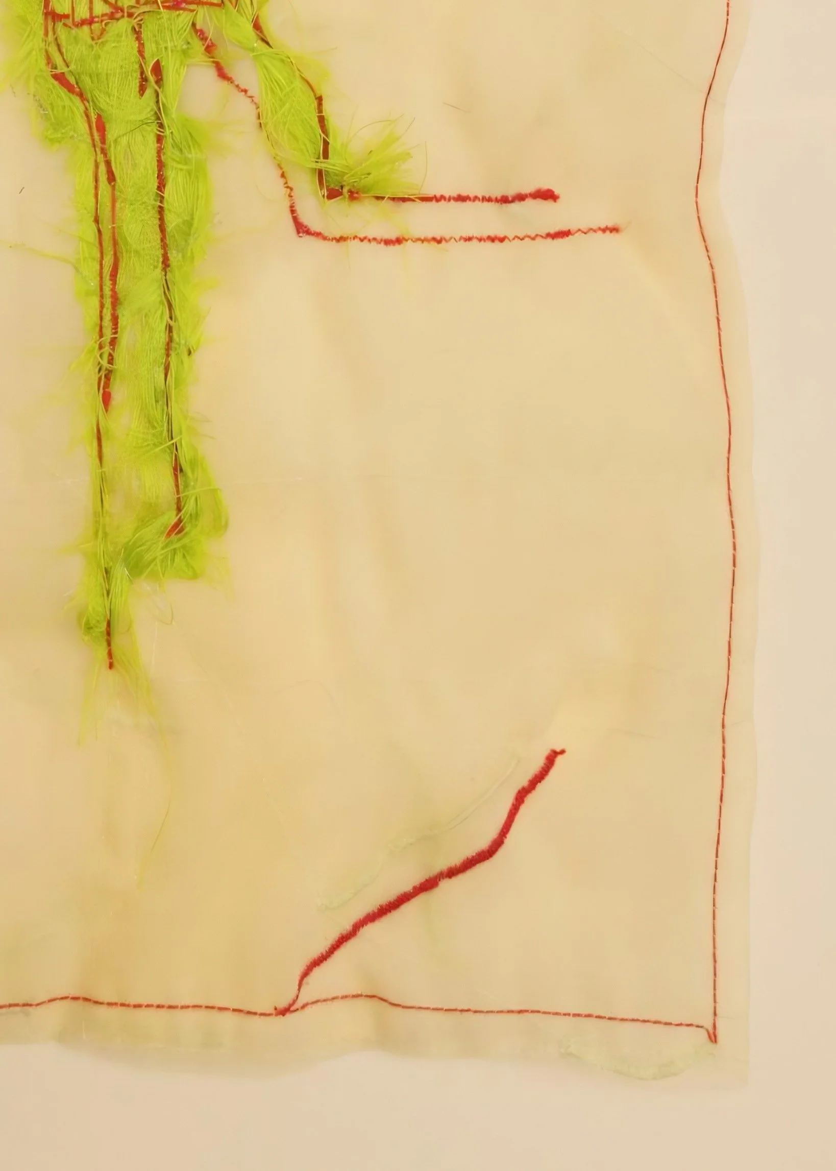 Contemporary fiber art with delicate transparent fabric and expressive stitching