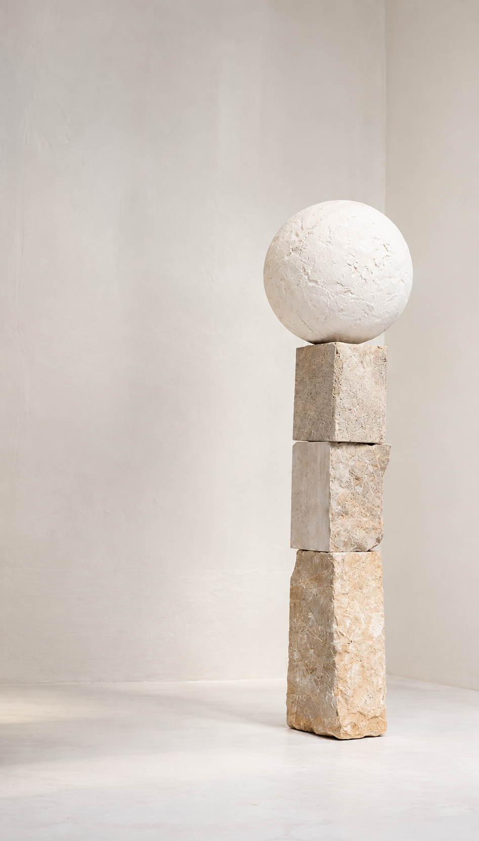 Gravity 10.55 by Yoyo Balagué, minimalist balancing sculpture of natural stone and white clay, BLANCONEGRO BARCELONA