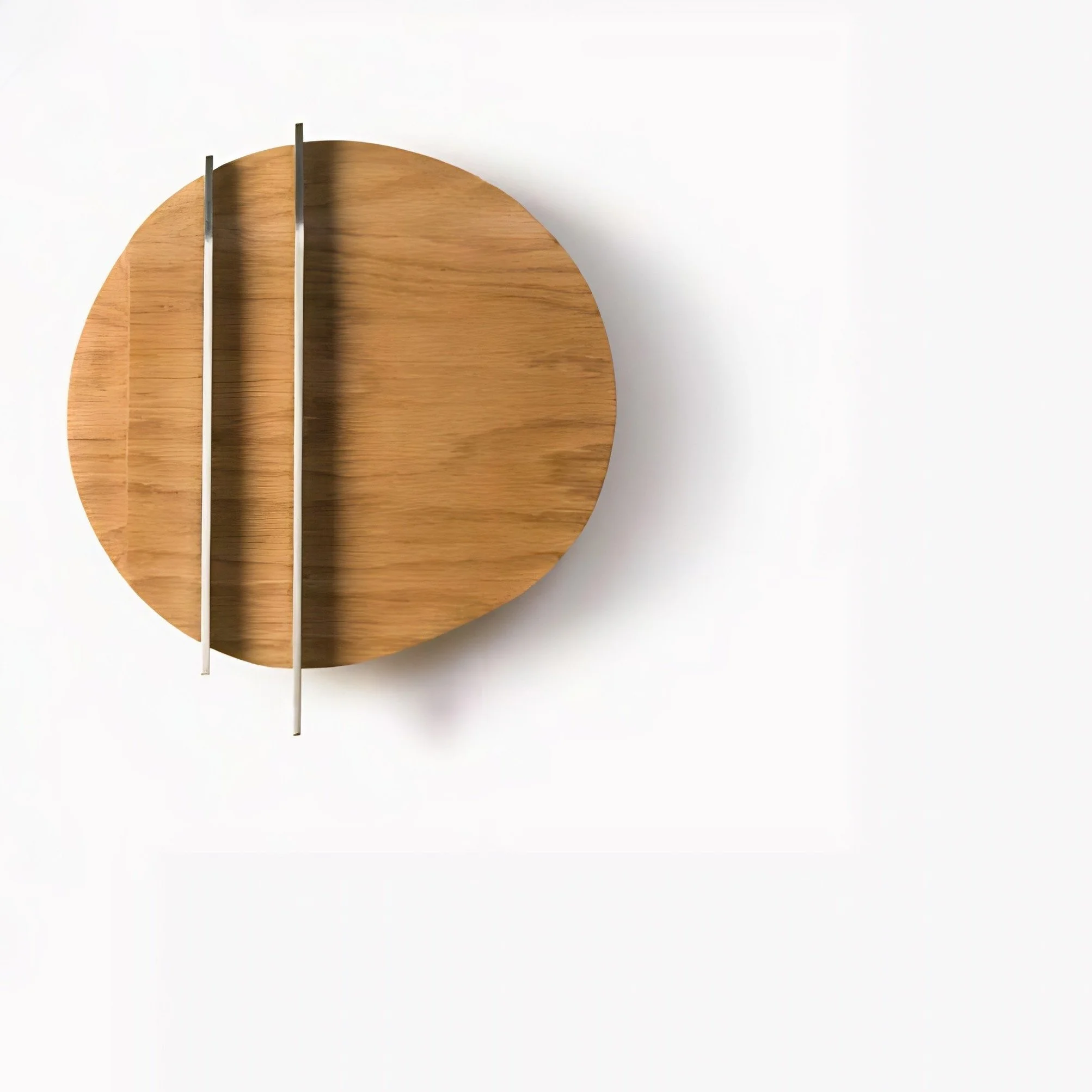 Organic round wood wall pieces intersected by metal rods, ideal for curated interiors.