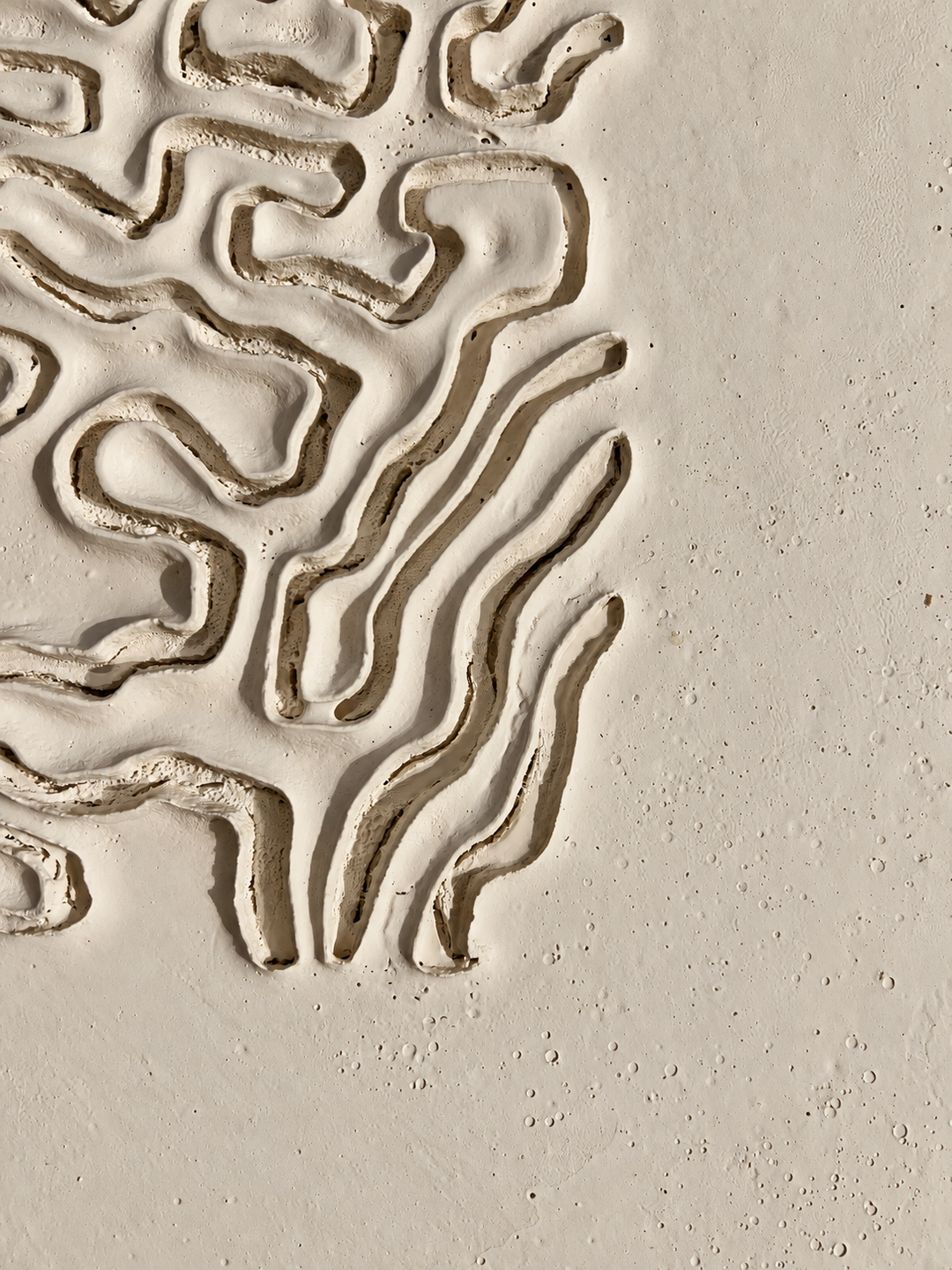 Detail of Black Flame by Robert Pous, organic labyrinth relief above an intense matte black square