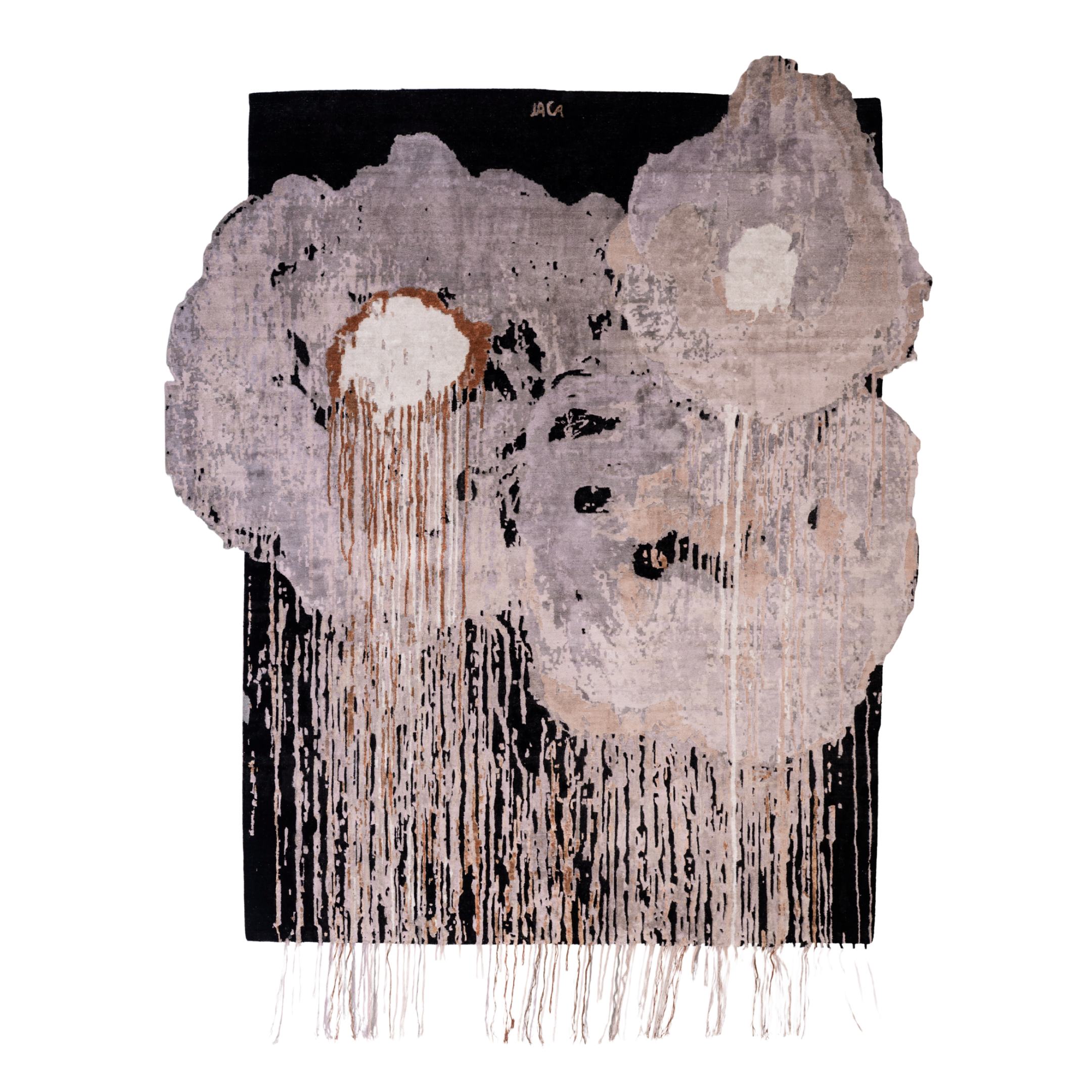 Sugar Magnolia hand-knotted art rug by Julien Jaca for Dinodo Studio, lilac and grey dripping flowers on a black ground with long fringes