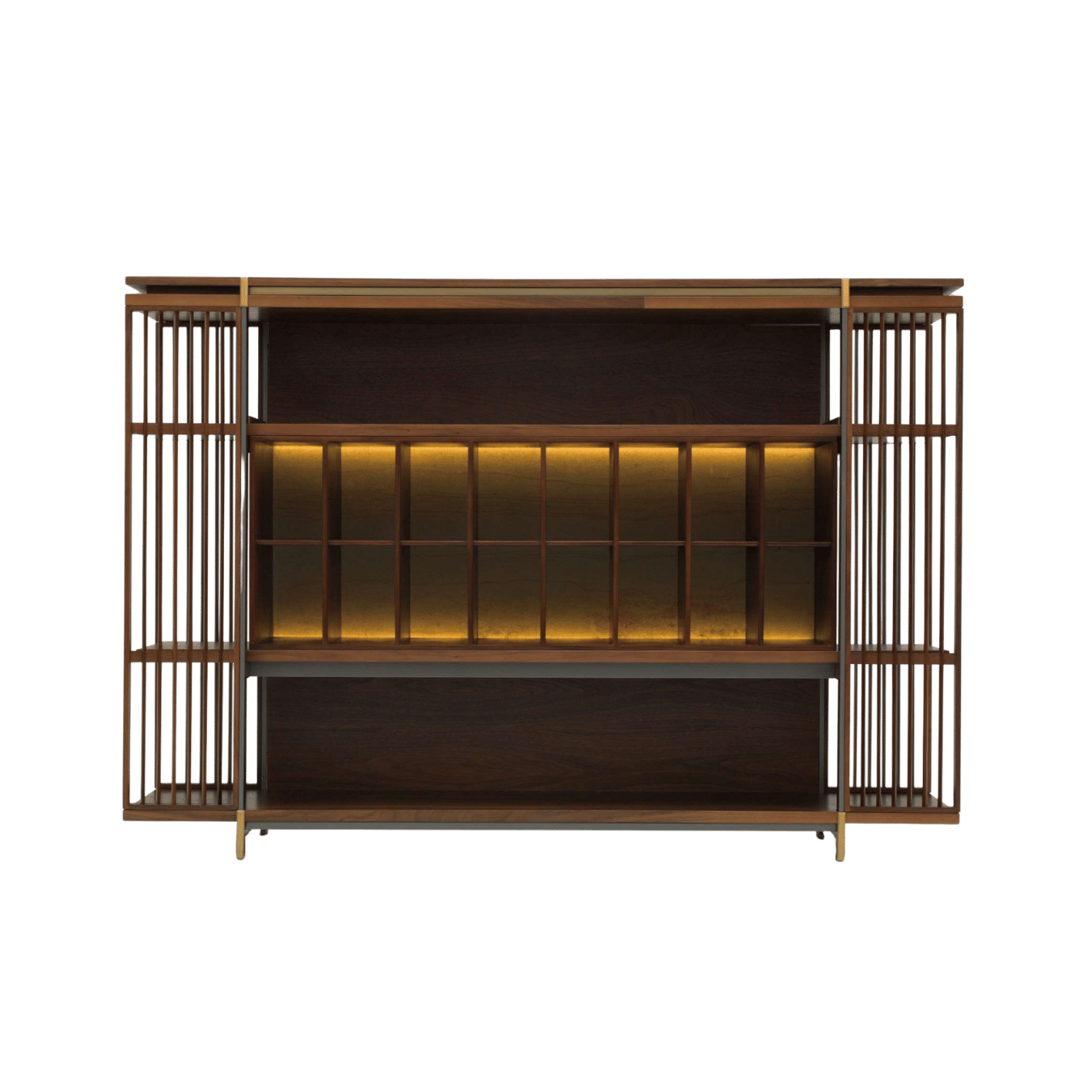 Luxury modular tea cabinet featuring brass accents and lattice details.