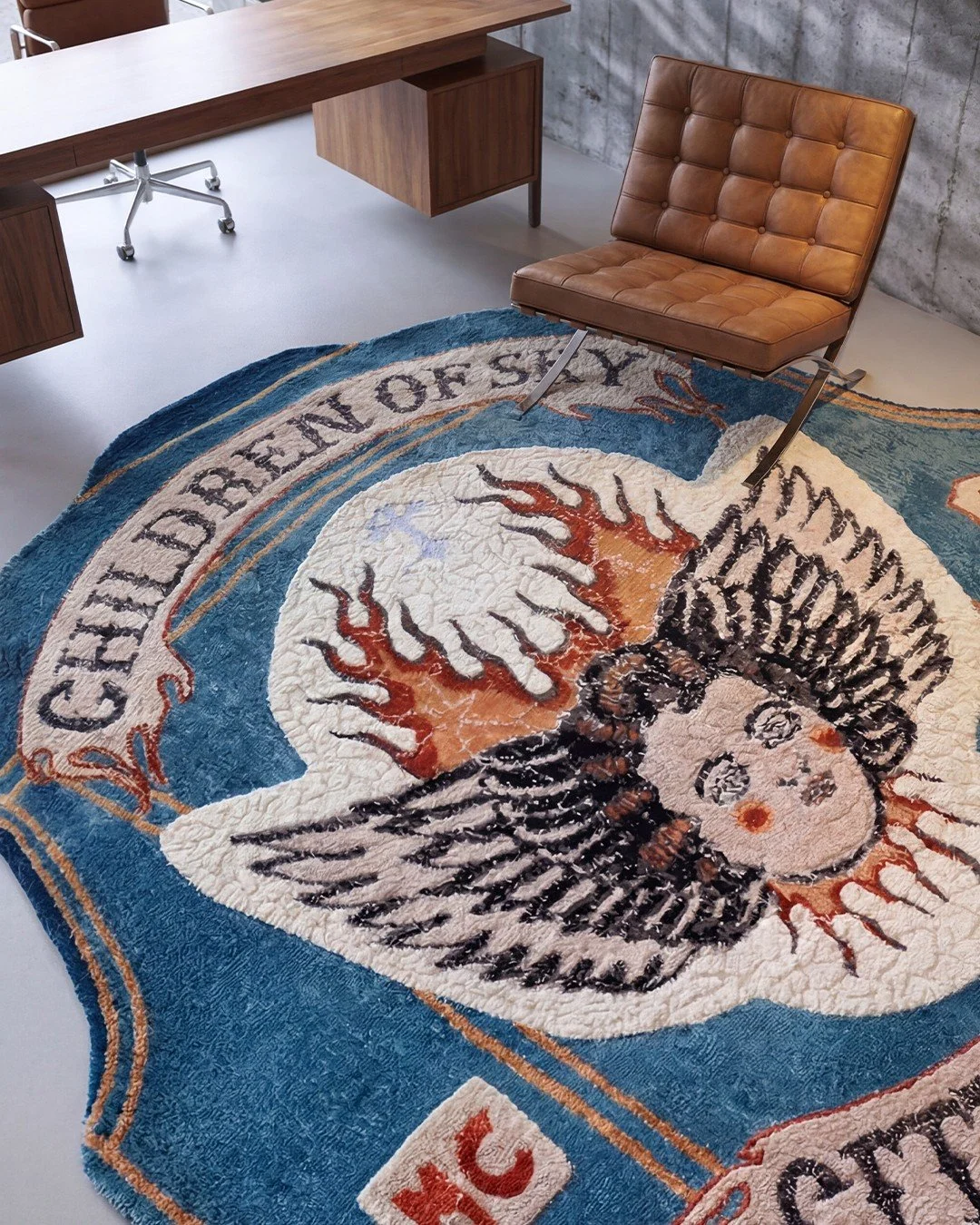 Detail of a hand-knotted Dinodo Studio art rug with flames, a silver cross and gothic lettering, with a person in jeans and boots standing on it.