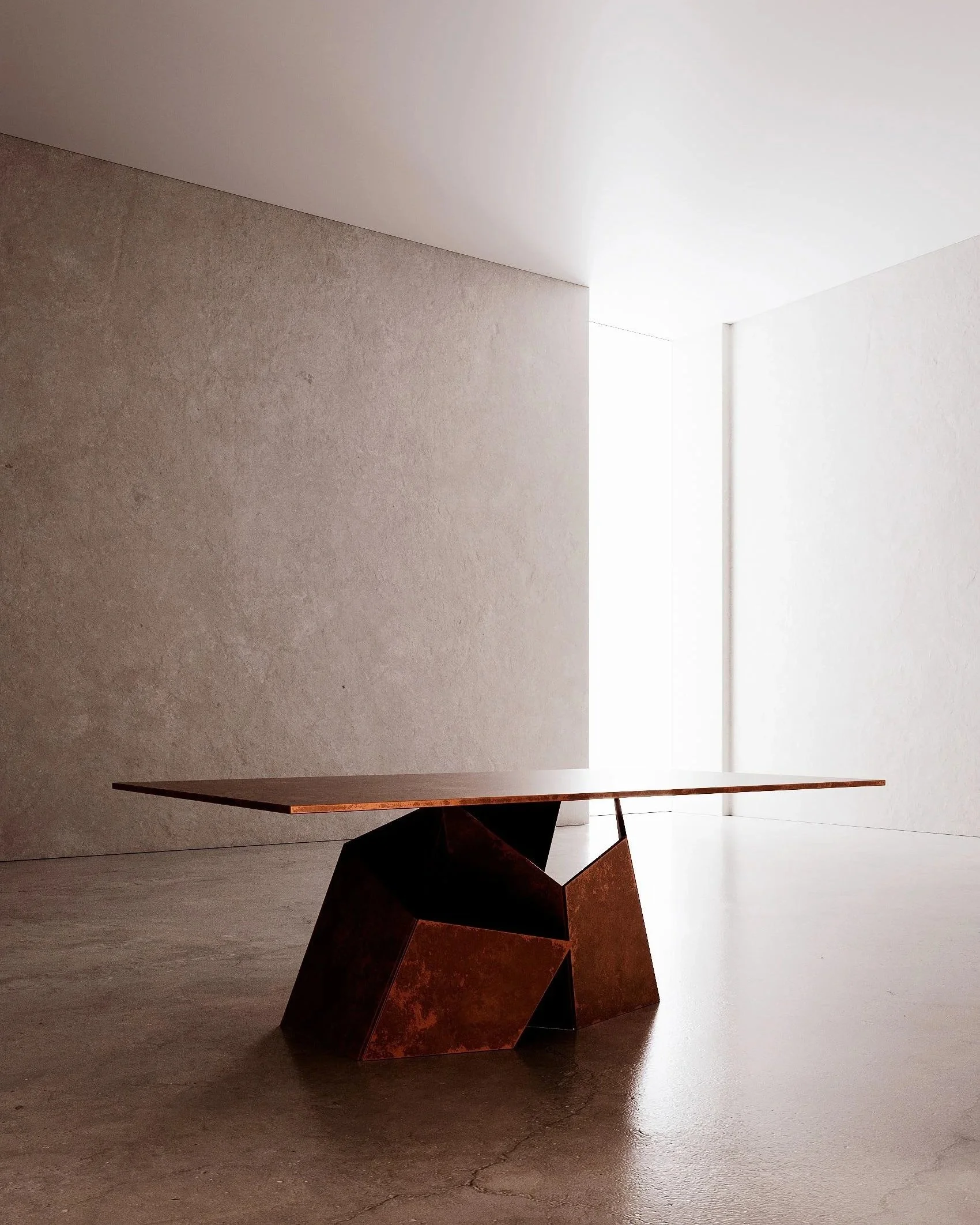 Copper sculptural table Senseless Pursuit by Nissa Kinzhalina exhibited at EAST WEST SPACE Barcelona.