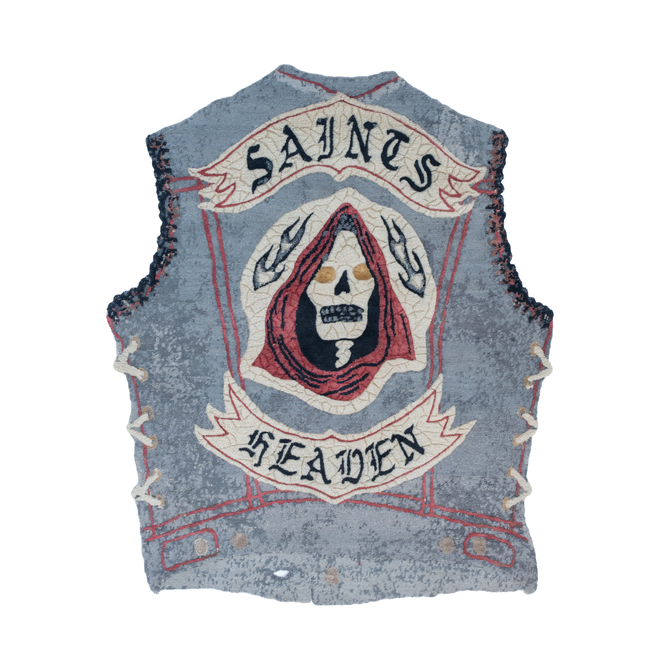 Saints hand-knotted art rug by Julien Jaca for Dinodo Studio, shaped as a grey biker vest with a hooded skull, flames and gothic lettering