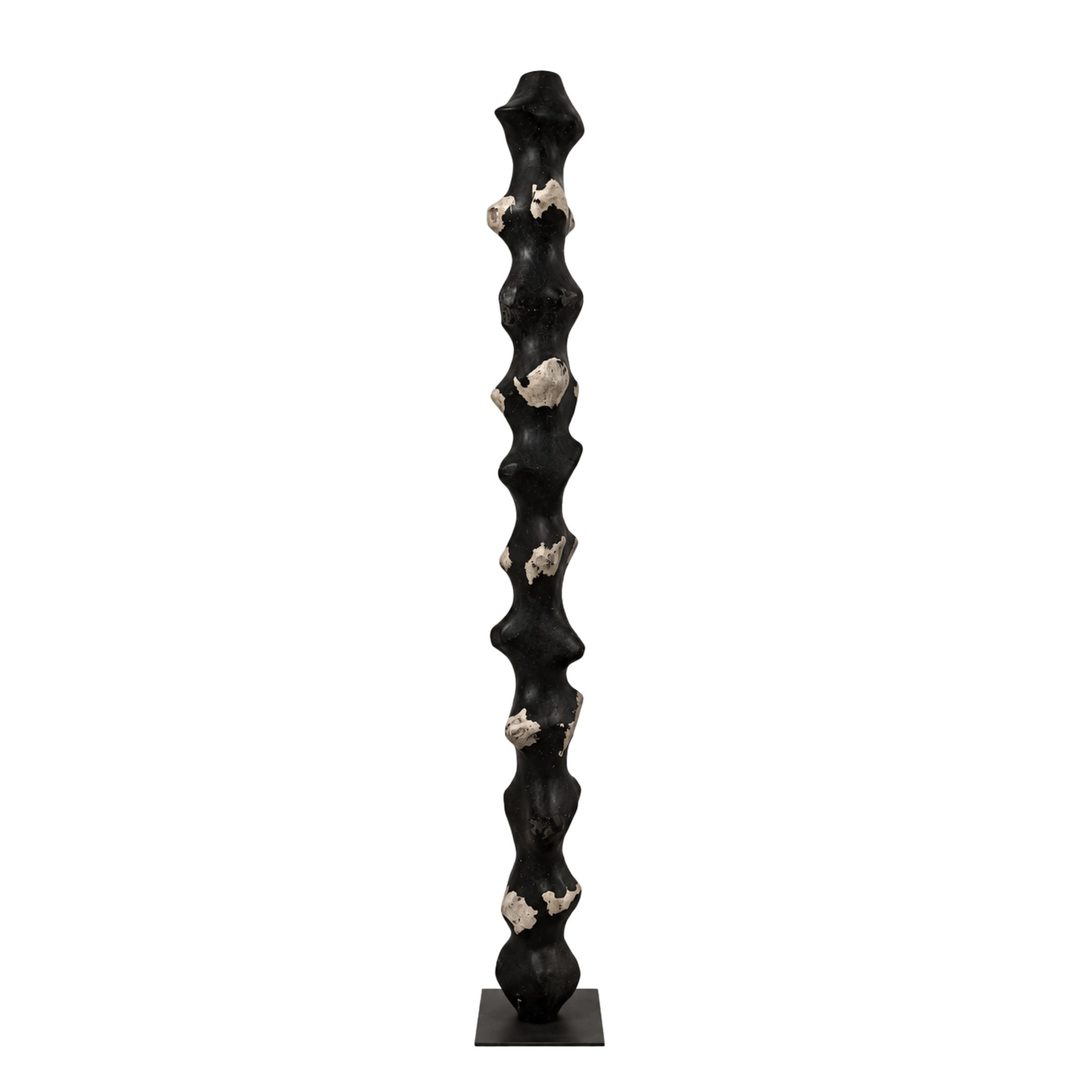Tótem III by Justino Del Casar, tall black recycled paper sculpture with raw paper details on a metal base, cover