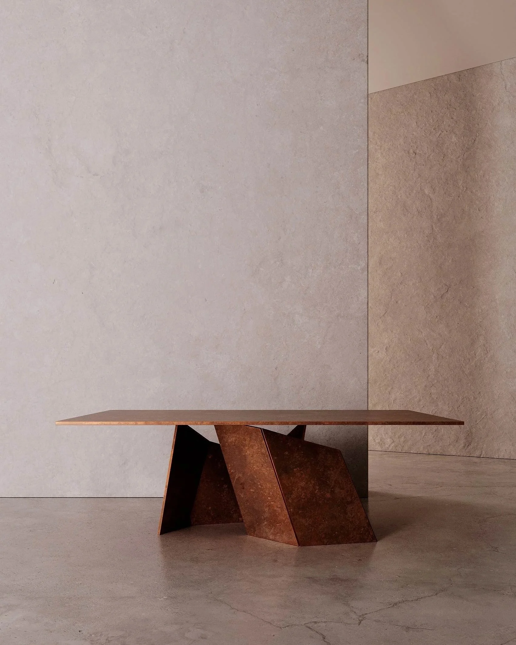 Contemporary copper design table Senseless Pursuit, geometric collectible furniture at EAST WEST SPACE.