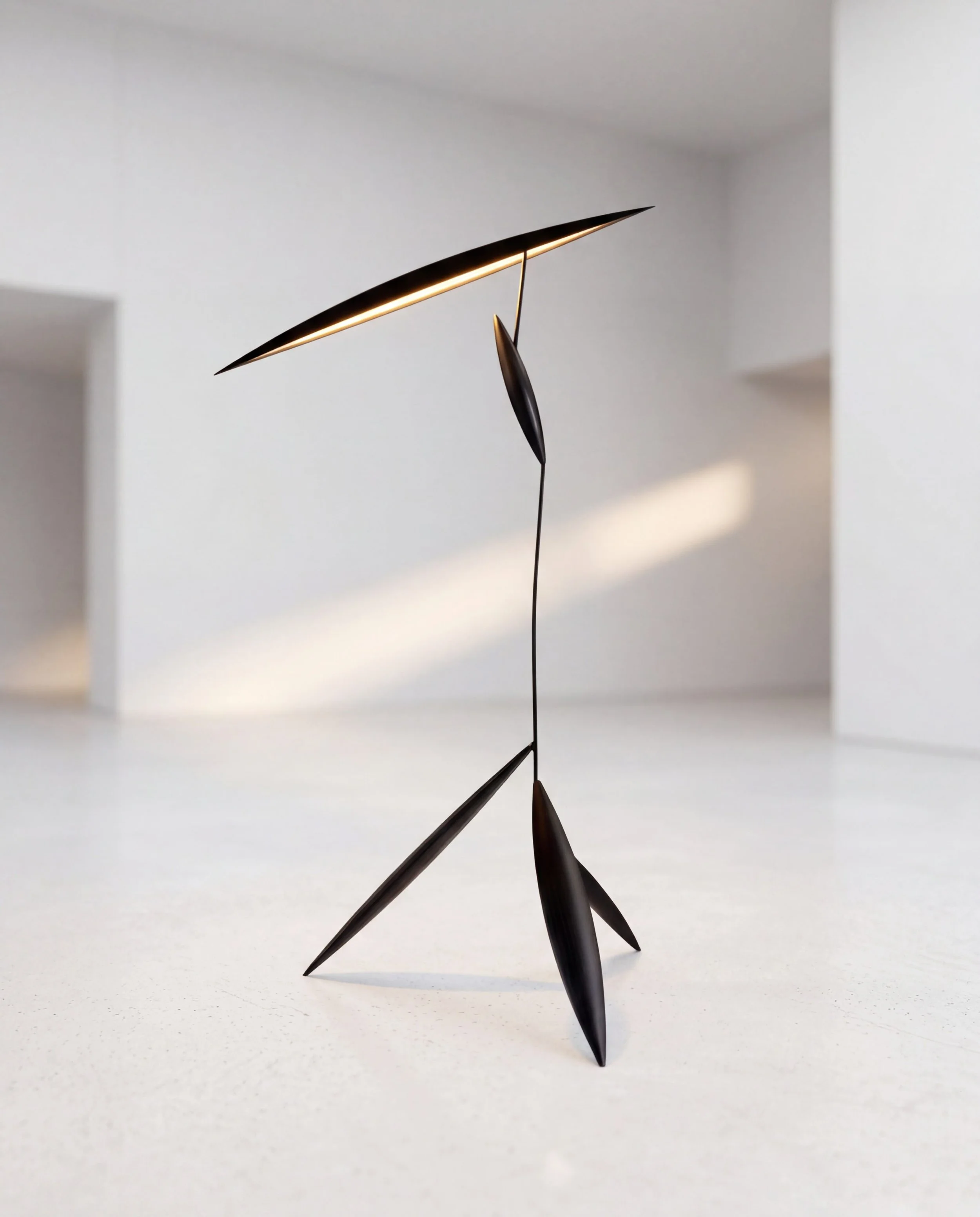 Sculptural floor lamp in ash wood steel and gold leaf minimalist design
