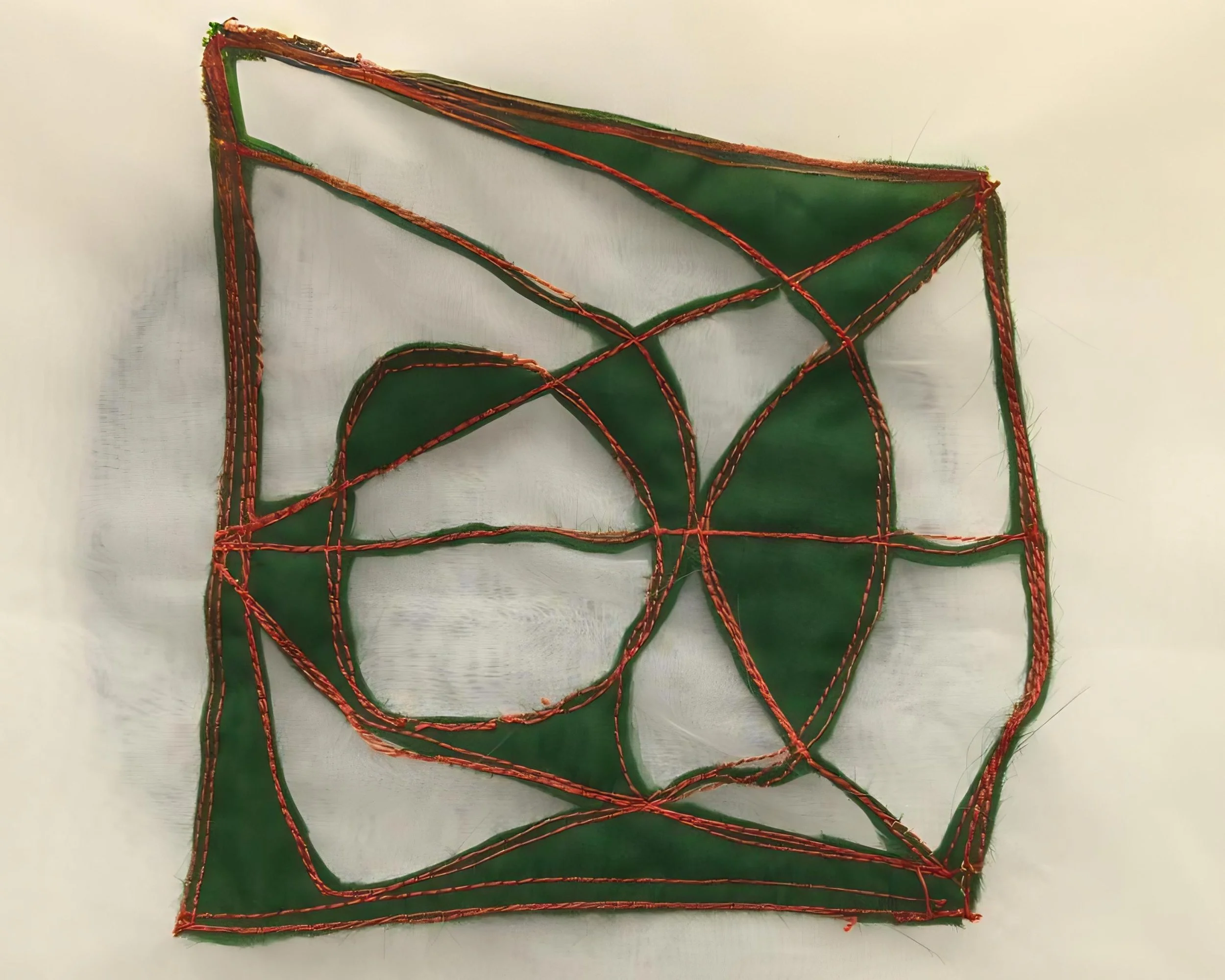 Mixed media textile art piece featuring layered sheer fabric and green fiber structures in a contemporary Asian art exhibition.