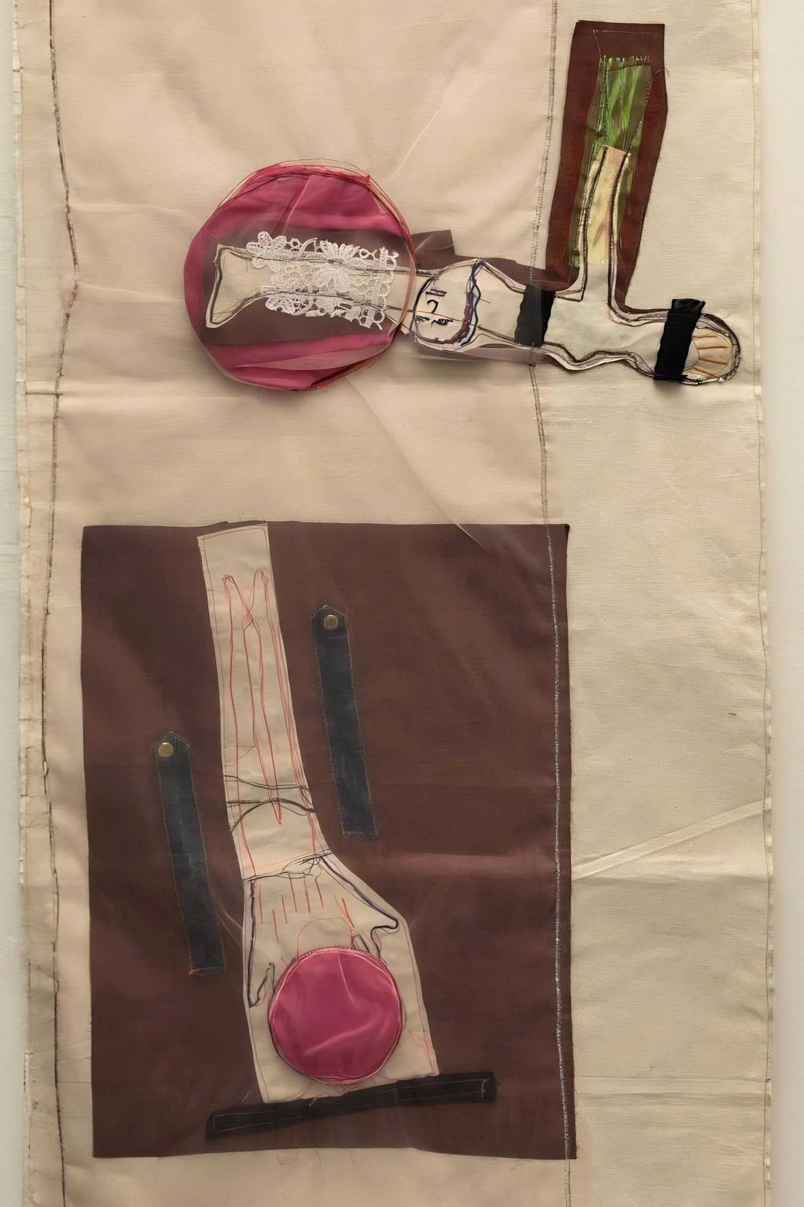 Mixed-media fiber art piece exploring thresholds and transitions through fabric layering and stitching