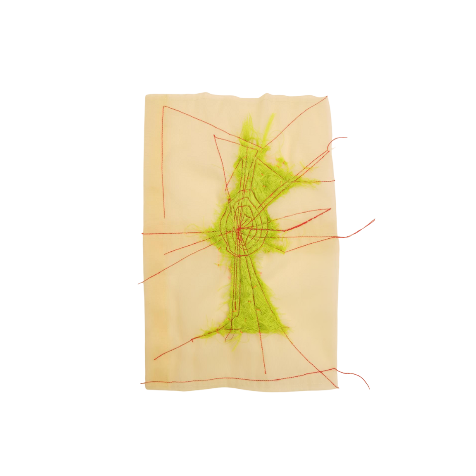 Textile-based contemporary artwork with tactile depth and abstract forms exhibited in EAST WEST SPACE