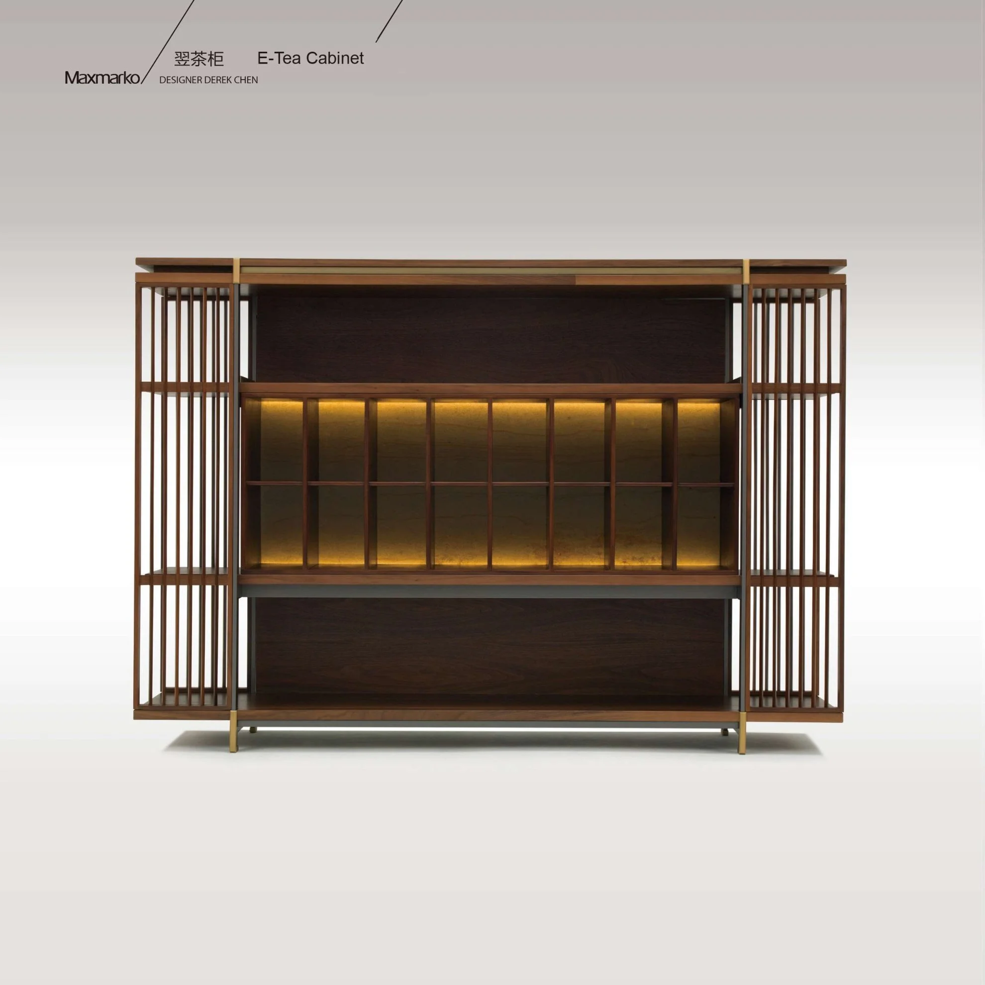 Designer tea cabinet blending traditional symmetry with contemporary materials.