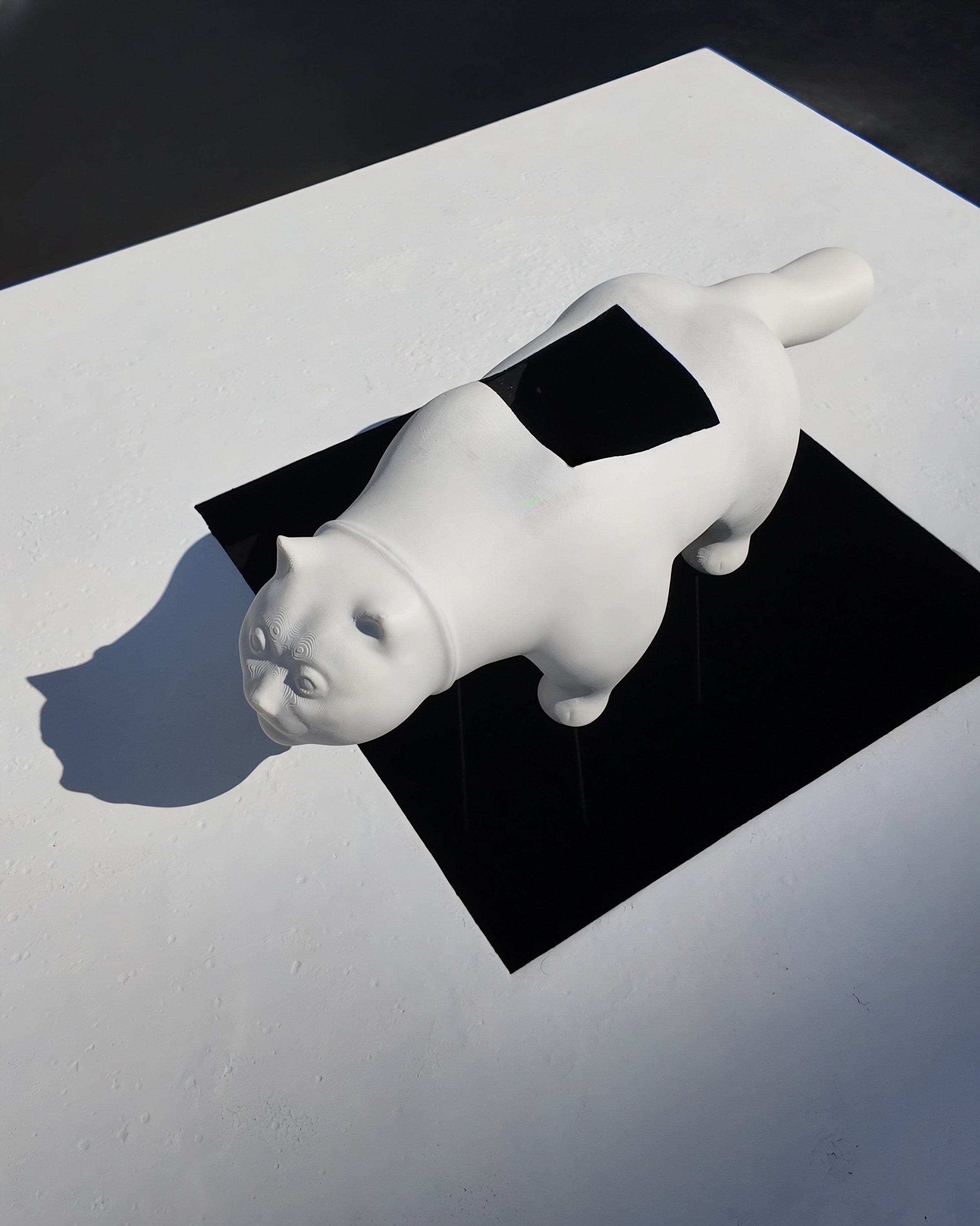 Robert Pous intervention on Botero’s Cat from Rambla del Raval, blending figurative form with geometric absence.