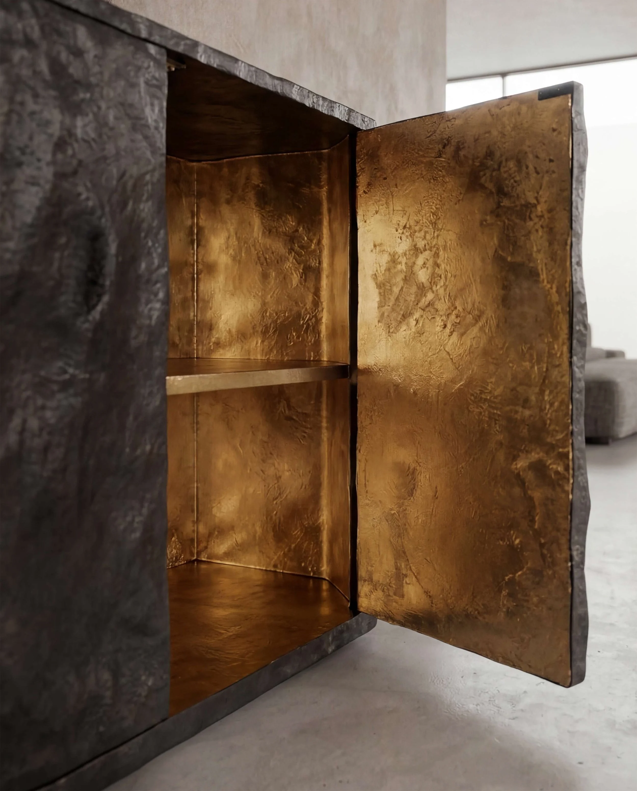 Jiaying Xu 2025 lacquer cabinet with gold leaf interior