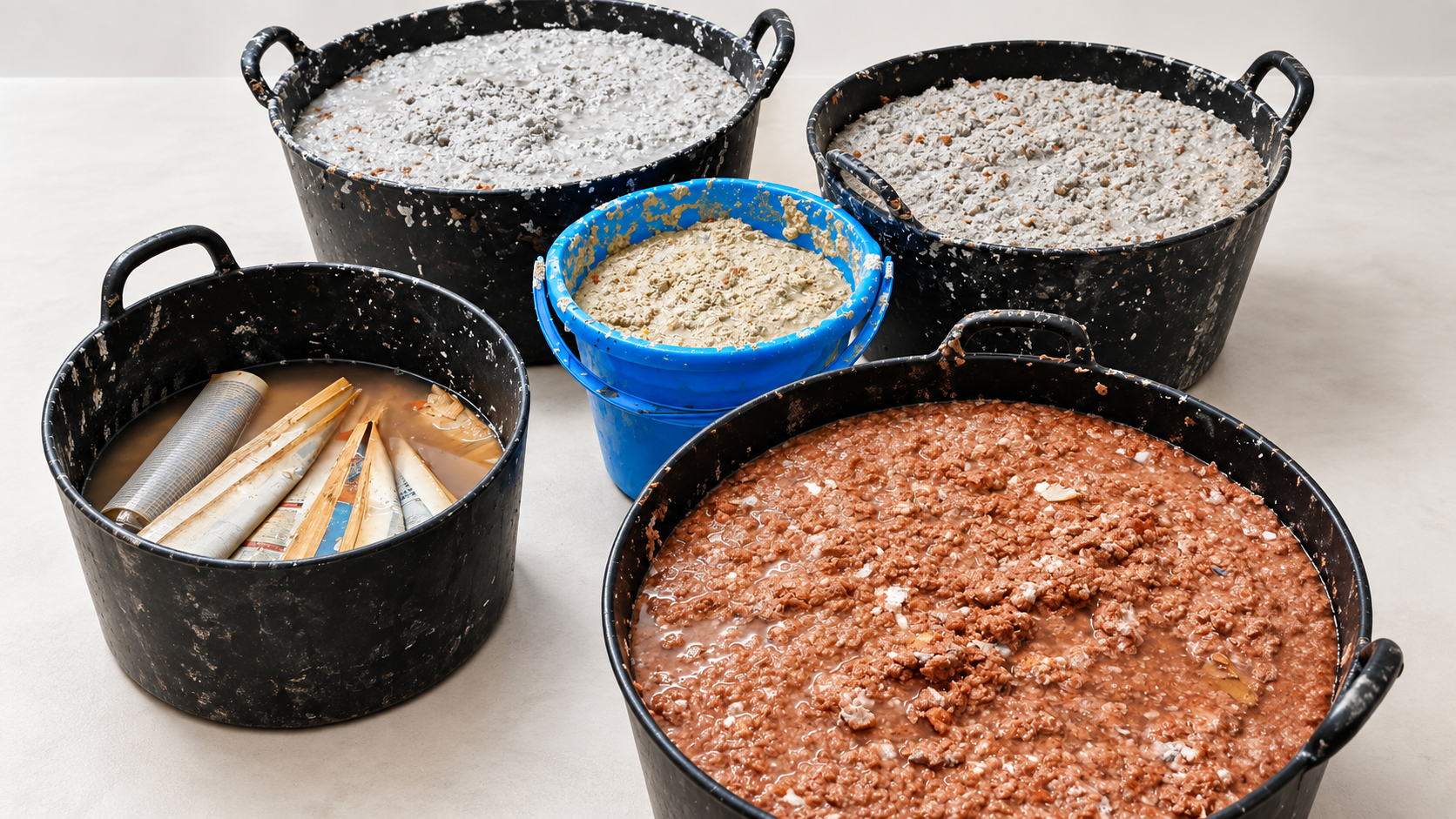 Tubs of grey and terracotta paper pulp with newspapers soaking, part of Justino Del Casar's handmade process