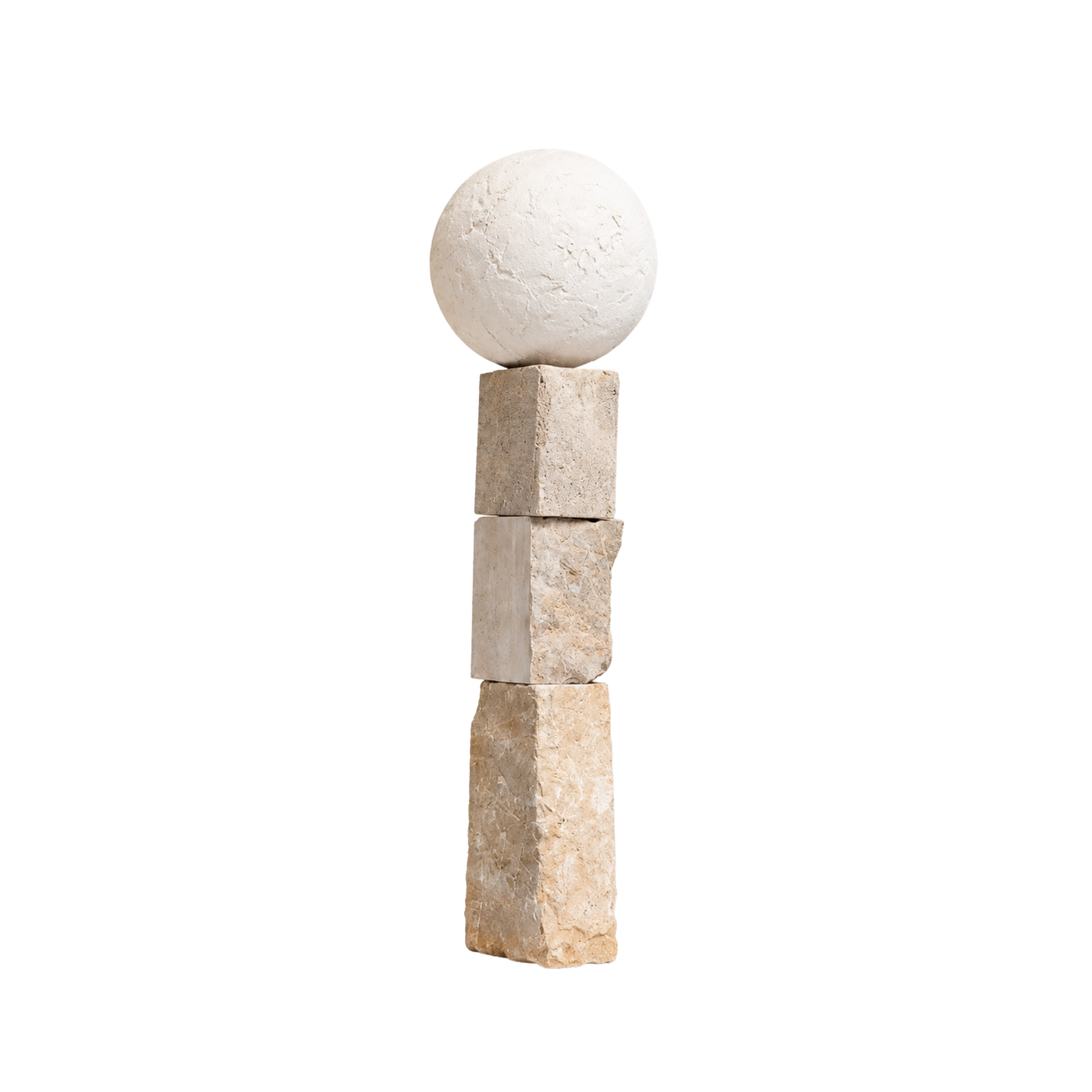 Gravity 10.55 by Yoyo Balagué, natural stone and white clay sphere sculpture on white background, BLANCONEGRO BARCELONA