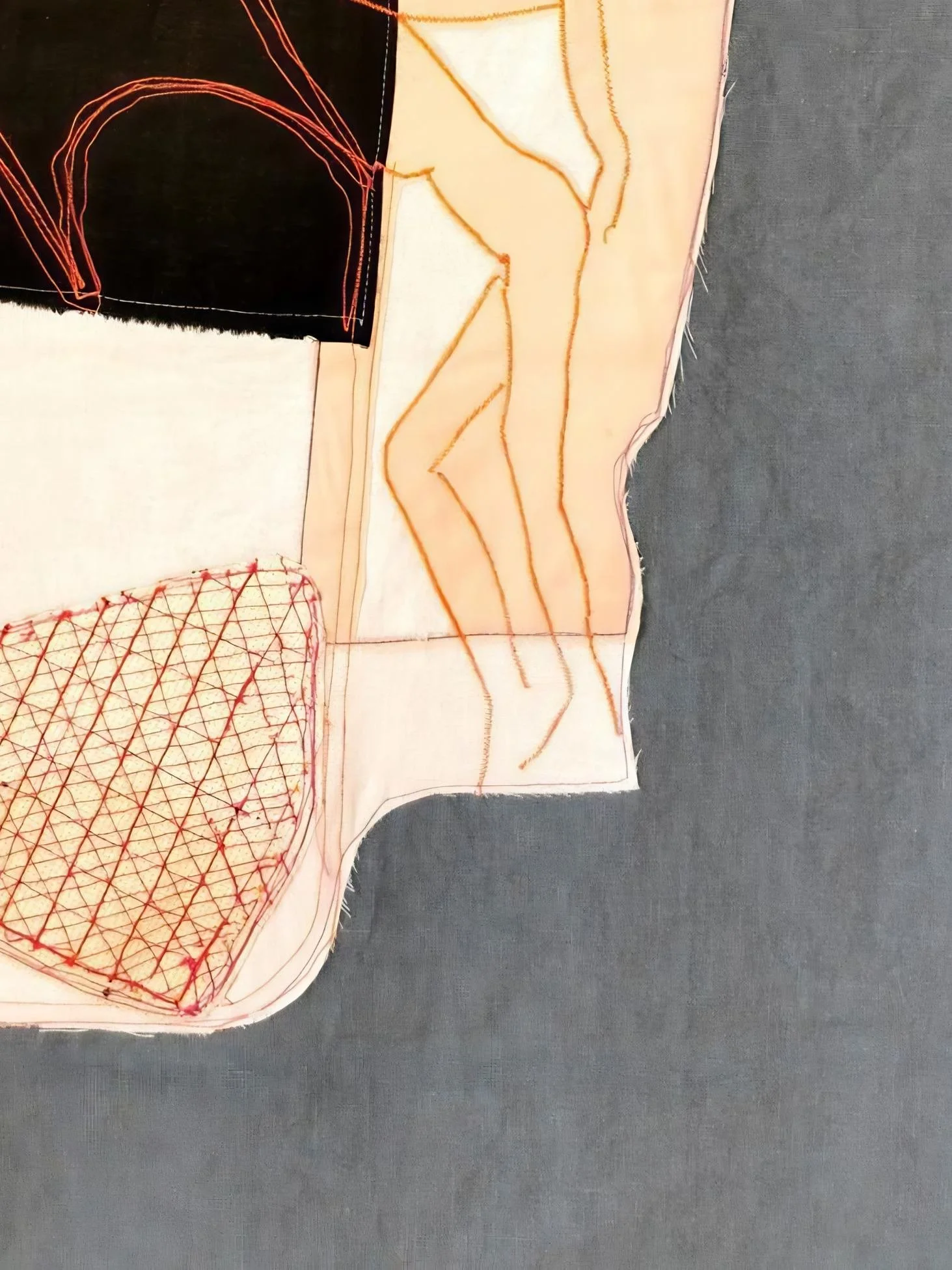 Modern textile wall art featuring layered cloth, expressive stitching and abstract forms displayed in a International contemporary art gallery