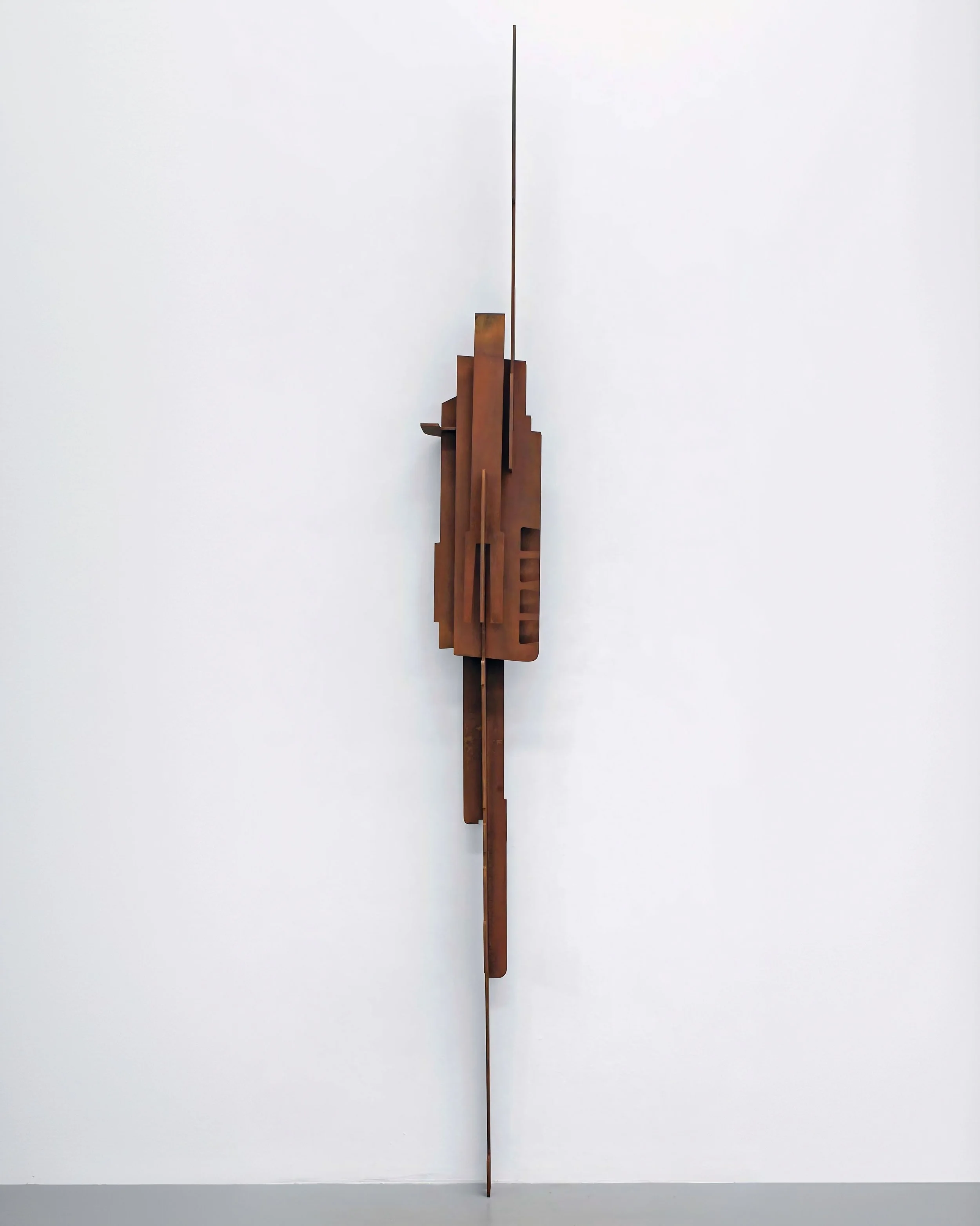 Architectural corten steel artwork with layered planes and natural patina, Composition Totem N8.